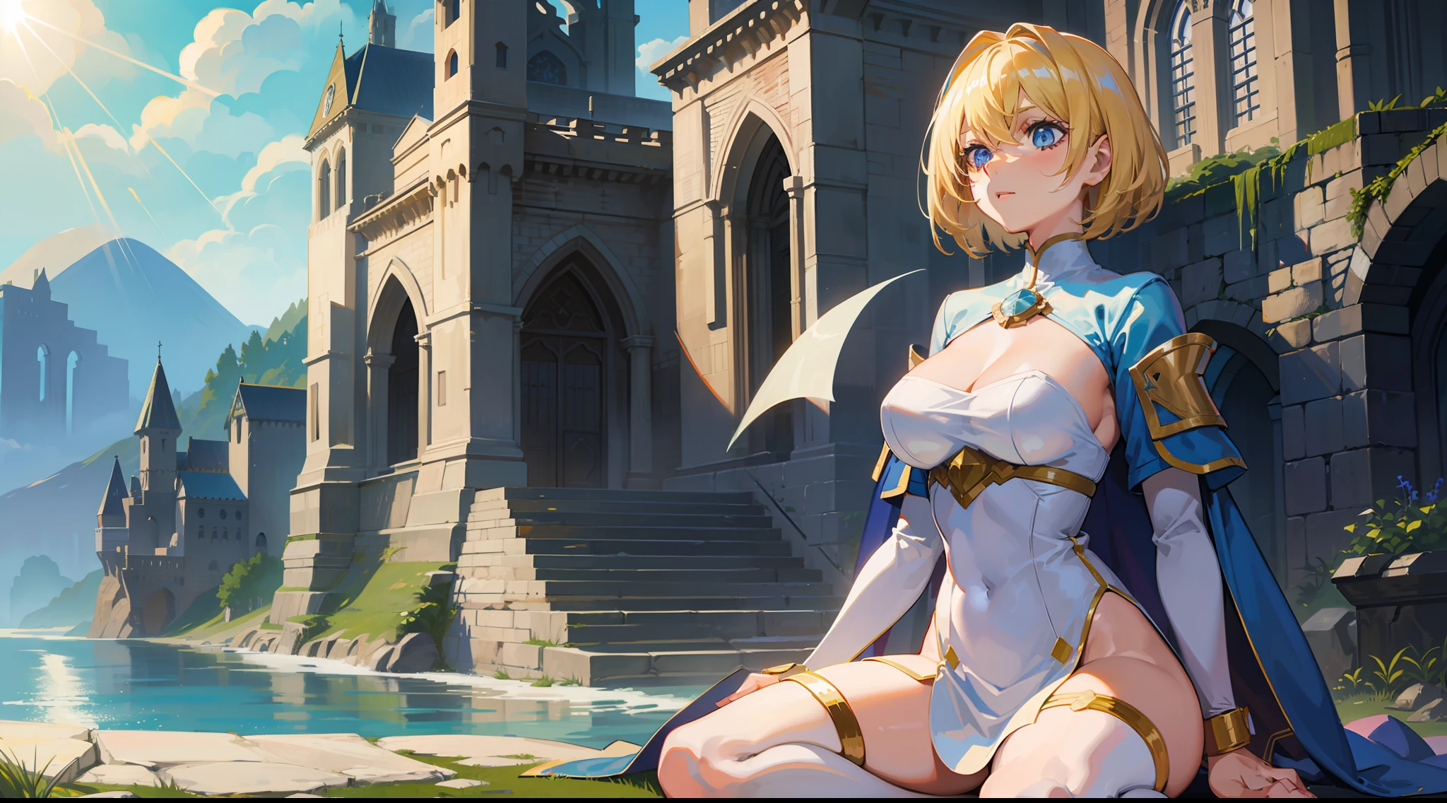 a girl, cleric, blonde, short hair, bright blue eyes, beautiful breasts, hair between eyes, bangs, full body, confident, heroic posture, fantasy, medieval, rays of sun