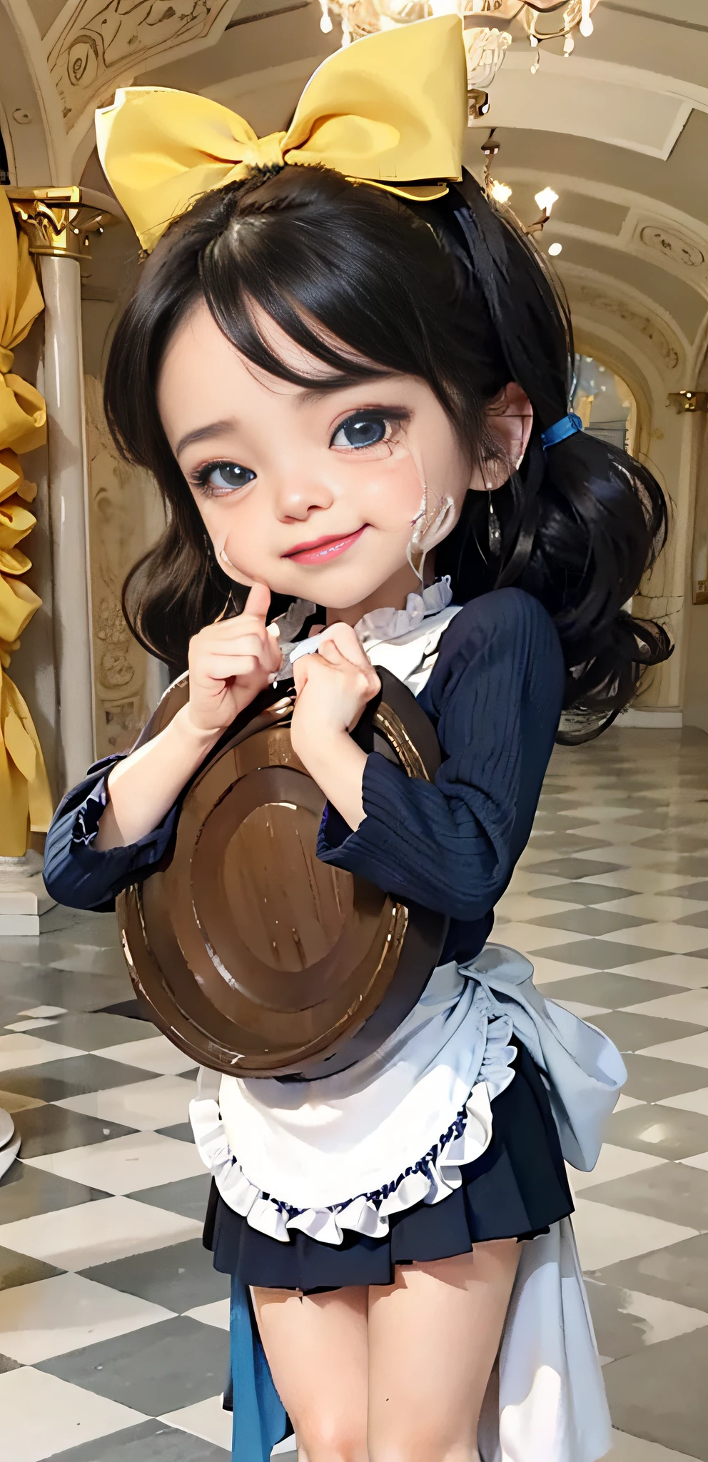 (female:1.2) (bodybuilder:0.8), hyper realistic, masterpiece, photorealistic, real skin, detailed face, detailed skin, detailed lighting, 1girl, yellow ribbon, long hair, black hair, (blue eyes), crying, holding tray