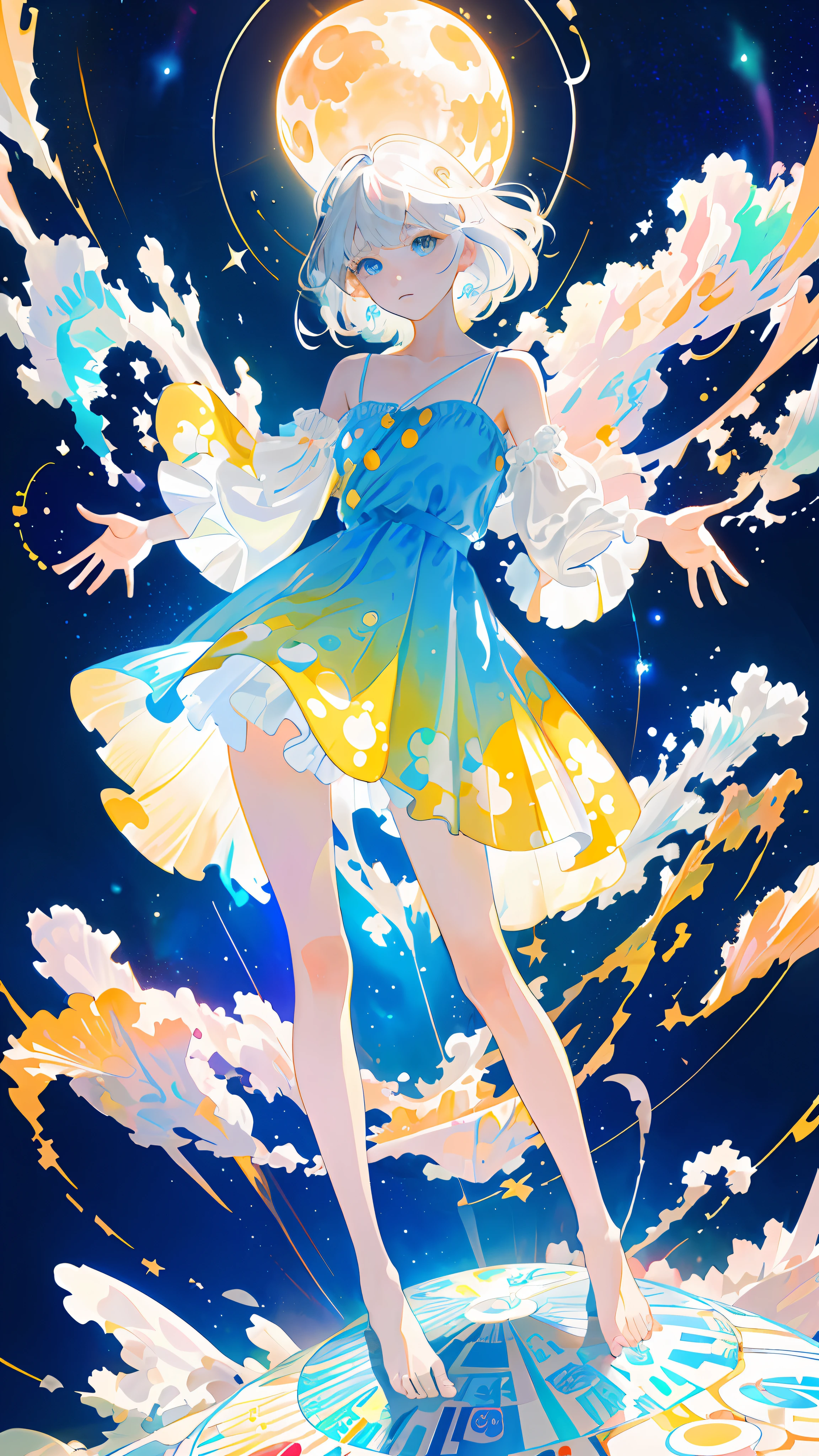 (Masterpiece, Best Quality: 1.2), (Super Detailed), (Illustration), Wallpaper, Original, 1girl, Messy White Hair, Thin Shoulder Straps, White Skirt, Bare Legs, Barefoot, Bare Arms, Space, Earth Background, Near-Earth Orbit, Full Body, (Surrounded by Colored Splashes and Dots), Colored Bubbles, (Shiny)