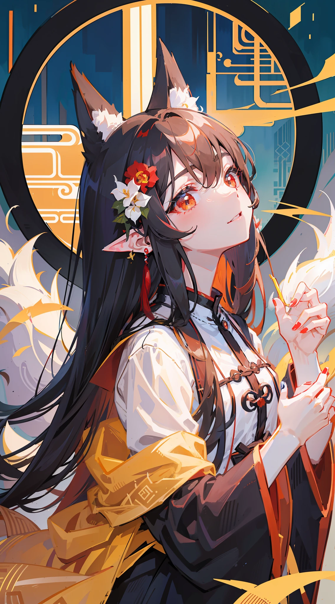 Masterpiece, black_hair, 1 Girl, Looking at the Audience, long_hair, nail_polish, Delicate Cute Face, Detailed Digital Anime Art, Anime Illustration, Brunette Hair, Playful, Fox Ears, Foxtail, Fox Maiden, Chinese Style, Solo, Other Side Flower, Jewelry, Ancient Art, Chinese