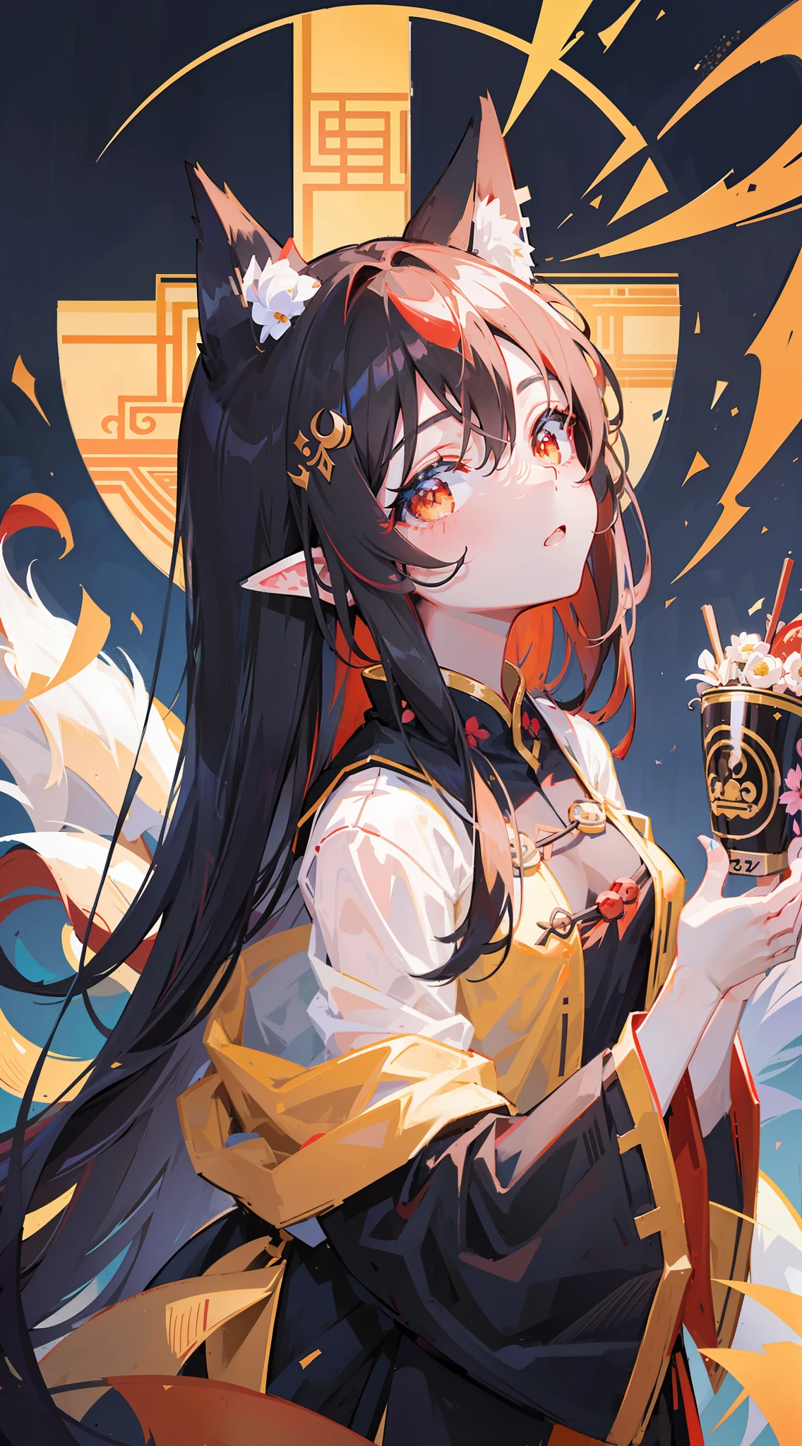 Masterpiece, black_hair, 1 Girl, Looking at the Audience, long_hair, nail_polish, Delicate Cute Face, Detailed Digital Anime Art, Anime Illustration, Brunette Hair, Playful, Fox Ears, Foxtail, Fox Maiden, Chinese Style, Solo, Other Side Flower, Jewelry, Ancient Art, Chinese