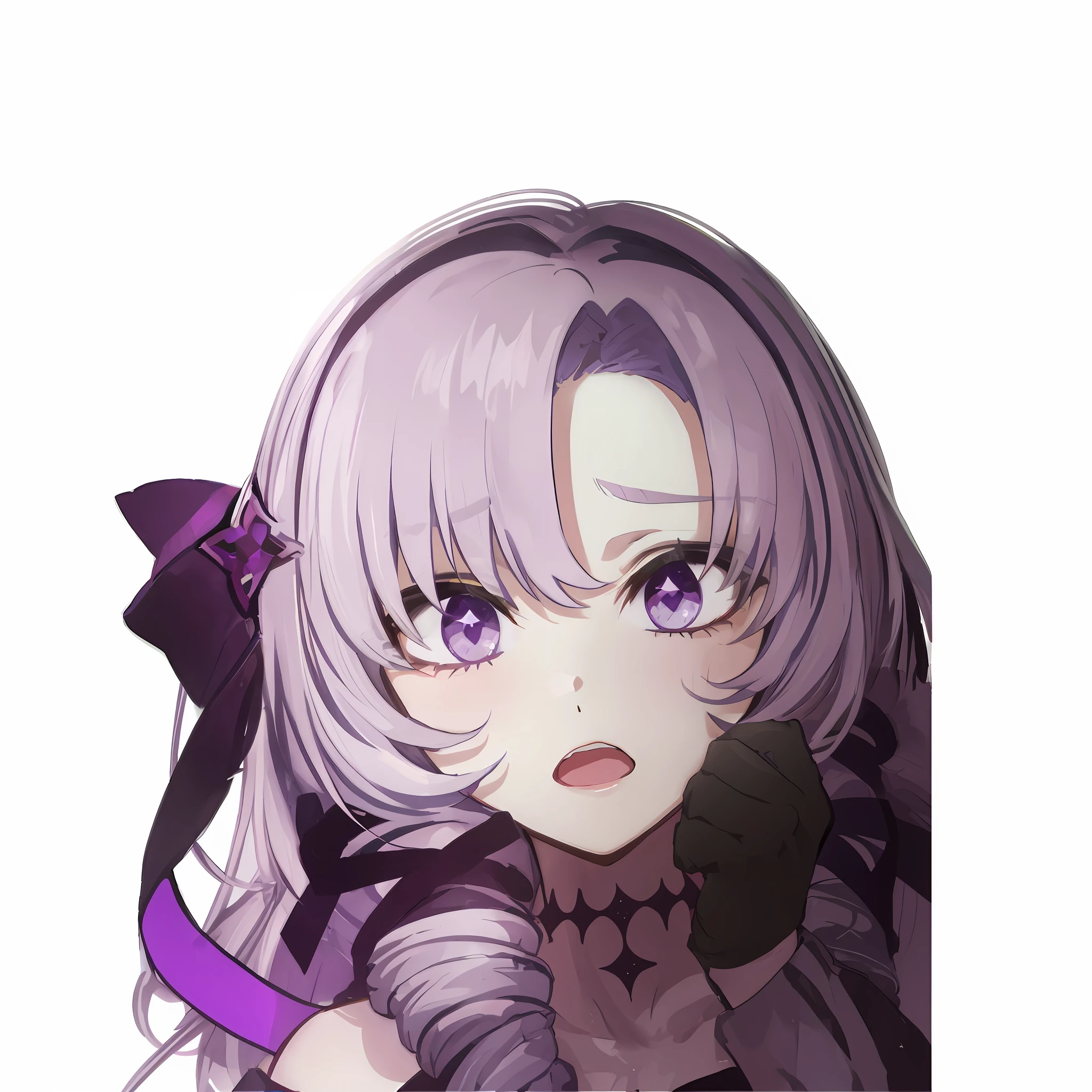 scared expression, panic, open mouth, drill hair, purple ribbon, purple eyes, lilac hair, off-shoulder, diamond in eyes