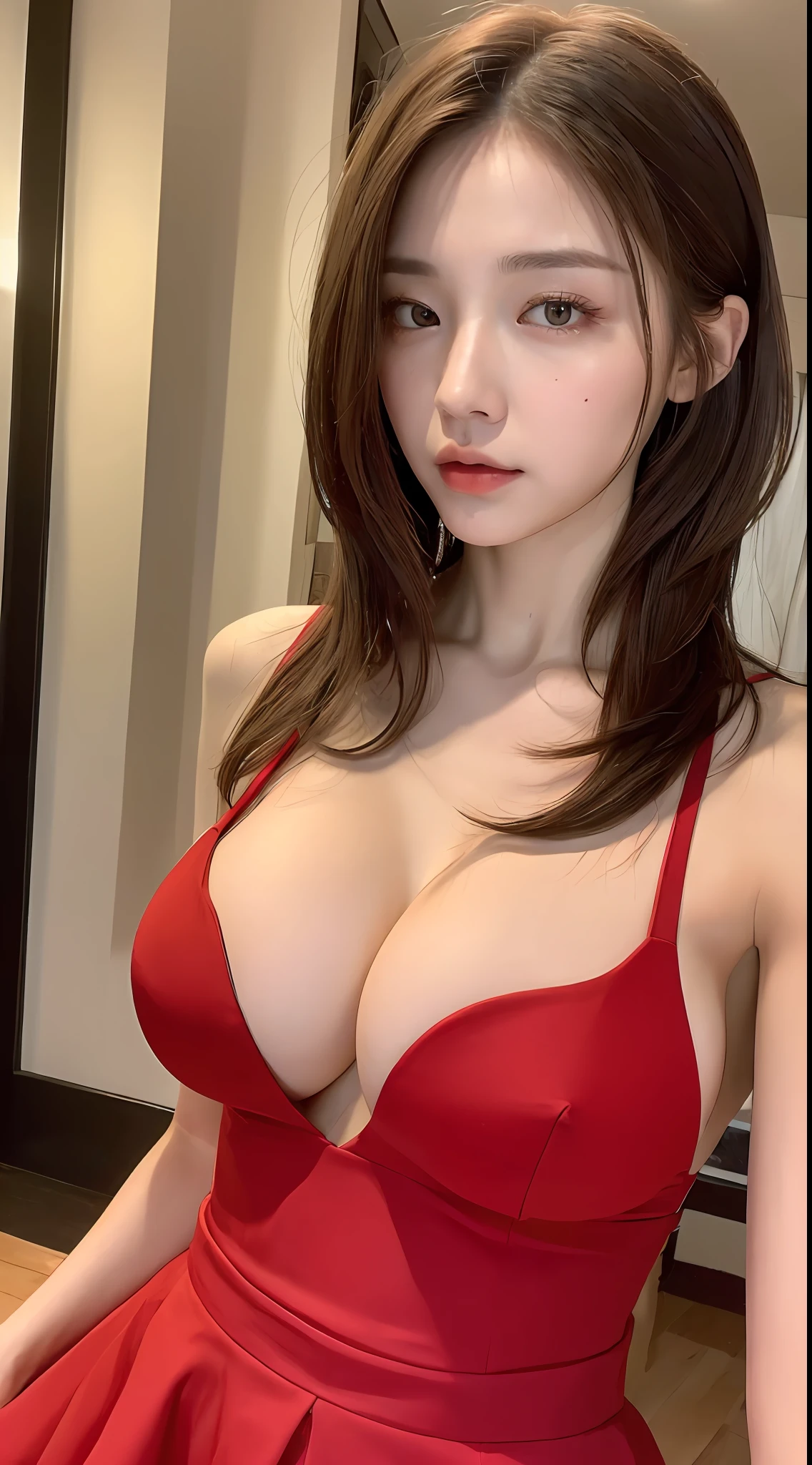 ((Best quality, 8k, Masterpiece :1.3)), 1girl, Pretty woman with emphasizing slender abs :1.3, (random hairstyles, Huge breasts :1.2), vimtage red dress :1.2, Indoor, Ultra-detailed face, Detailed eyes, Double eyelid