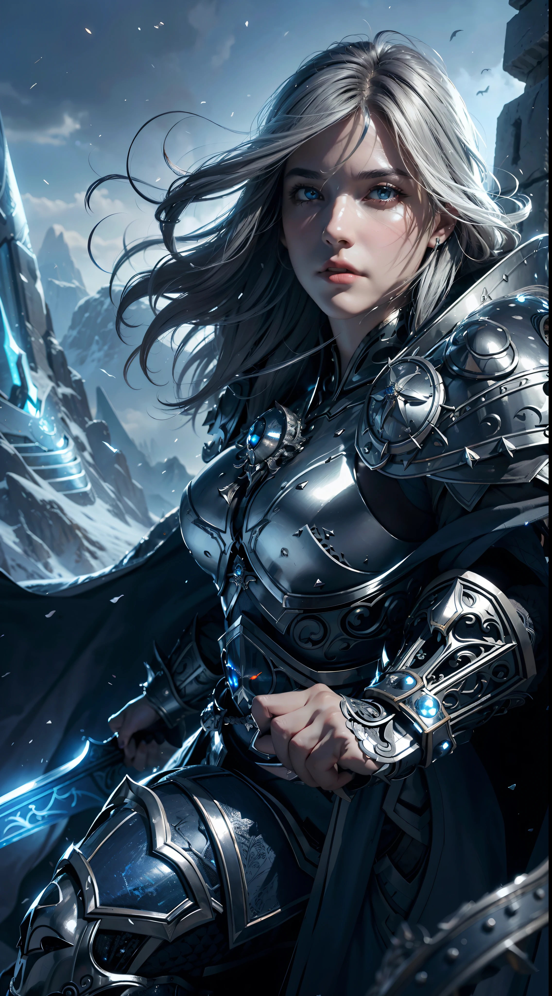 8k,ultra detailed, masterpiece, best quality, (extremely detailed), dynamic angle, Mysterious expression, wind effect, fantasy background, rim lighting, cinematic light, ultra high res, 8k uhd, film grain,best shadow, delicate, RAW, light particles, detailed skin texture, detailed armor texture, detailed face, intricate details, ultra detailed, bright, strong, silver armor, (holding sword), slashing, slash action, pauldrons, glowing eyes, long cape, fantasy, (realistic), shoulder armor, complex, intricate, perfect lighting, looking at viewer, cinematic lighting, flying in sky,flying, holy light, vivid, bangs, windy, frozen mountains, long white wavy hair