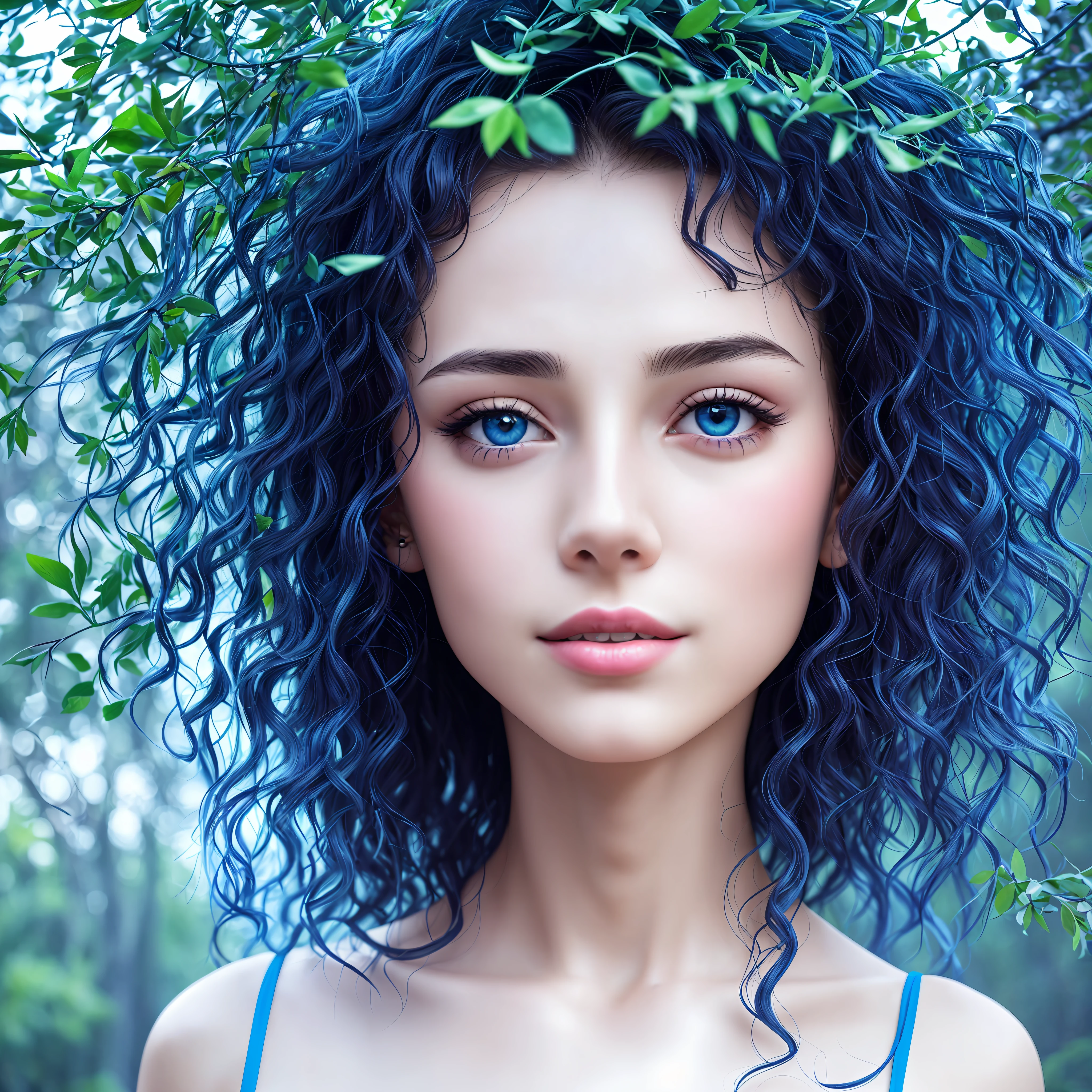 closeup, European photo model, easy smile, (heterochromia, vitiligo,:1.2) fine body, skin moles, (the wind develops the hair:1.2), (The lace negligee:1.1), noon, looking at camera, (shade of leaves:1.2), professional studio, (natural skin texture, hyperrealism, soft light, sharp:1.2), A young woman wakes up and sees that she is inside a simulated world. Three-layer picture. Layer A (20%): Contour of laser light in blue and red. Layer B (40%): Artificial world. Layer C (40%): Simulation. Spray paint on blue glass. High detail, sharp focus, masterpiece quality. 32k resolution. Perfect Face. Perfect faces. If there are body parts, they are normal