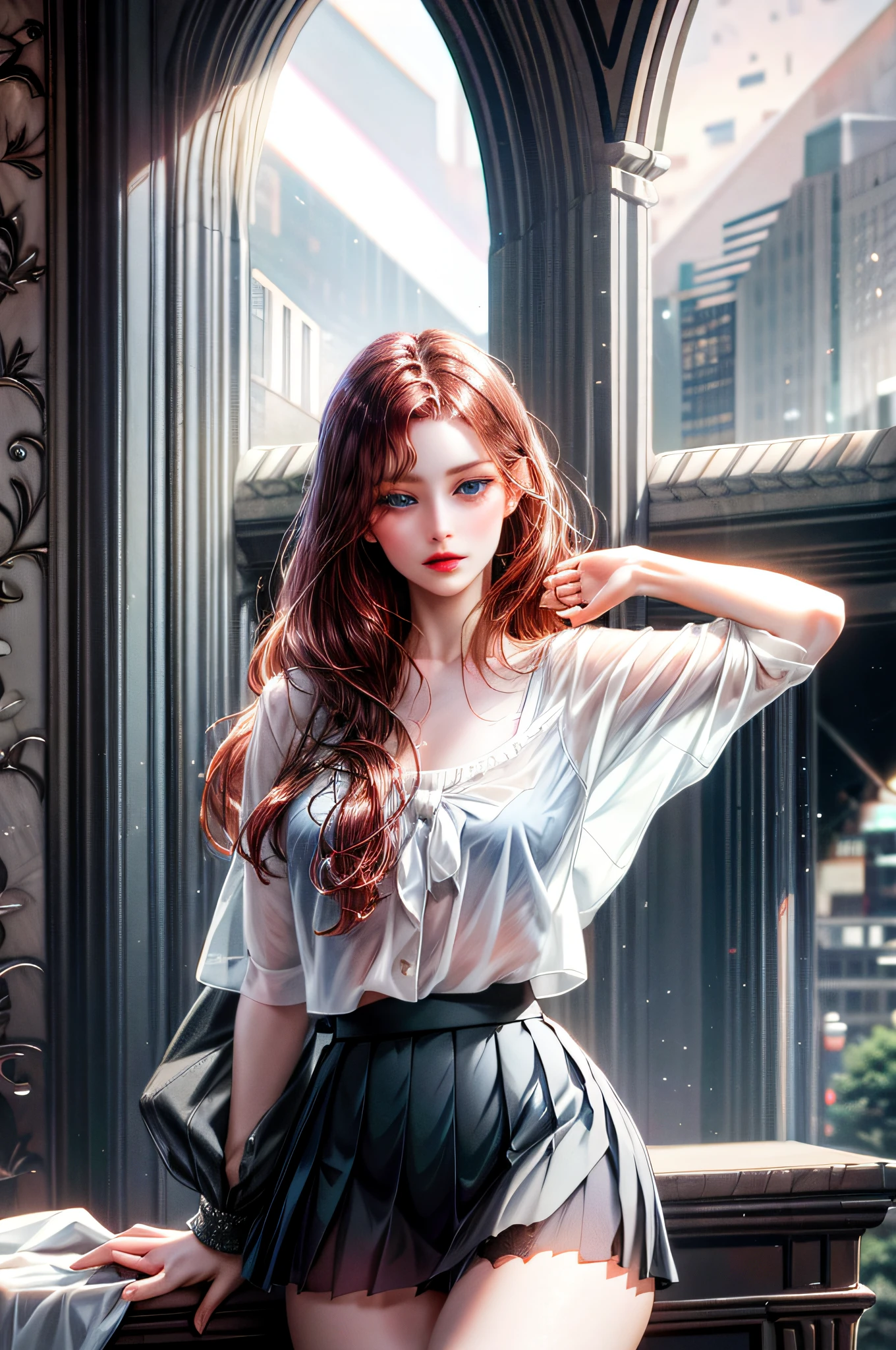 One creates a girl with dark red hair and blue eyes, beautiful, thin, flat, may be wearing a businessman's uniform, with short bobbed hair, ((white sheer blouse, black miniskirt)), underwear bite, sexy pose, lower body slender, behind the woman there are windows showing various buildings in the city (absurd, high resolution, super detail), carrier woman