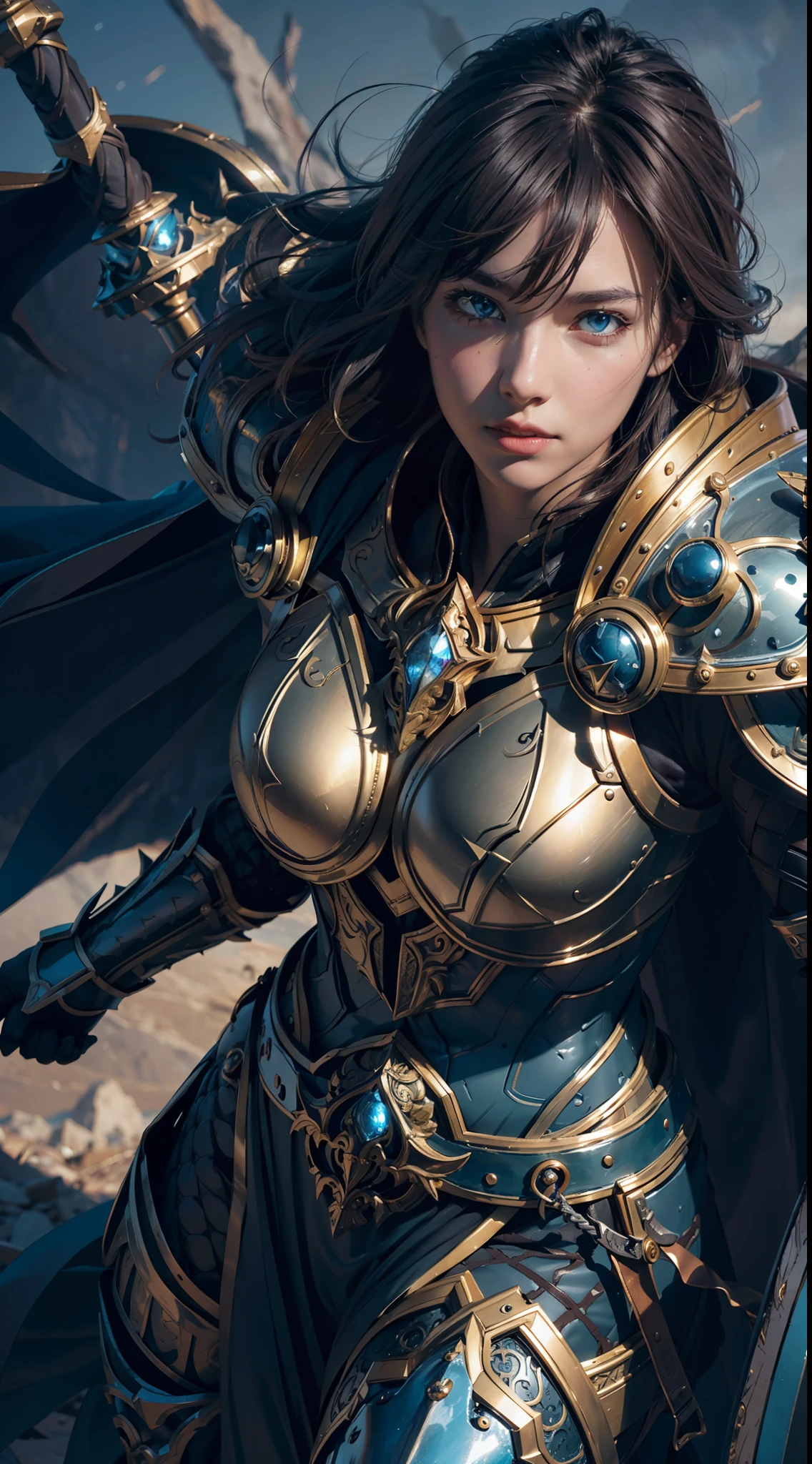 8k,ultra detailed, masterpiece, best quality, (extremely detailed), dynamic angle, Mysterious expression, wind effect, fantasy background, rim lighting, cinematic light, ultra high res, 8k uhd, film grain,best shadow, delicate, RAW, light particles, detailed skin texture, detailed armor texture, detailed face, intricate details, ultra detailed, bright, strong, golden armor, (holding hammer), smashing, smash action, pauldrons, glowing eyes, long cape, fantasy, (realistic), shoulder armor, complex, intricate, perfect lighting, looking at viewer, cinematic lighting, flying in sky,flying, holy light, vivid, bangs, windy