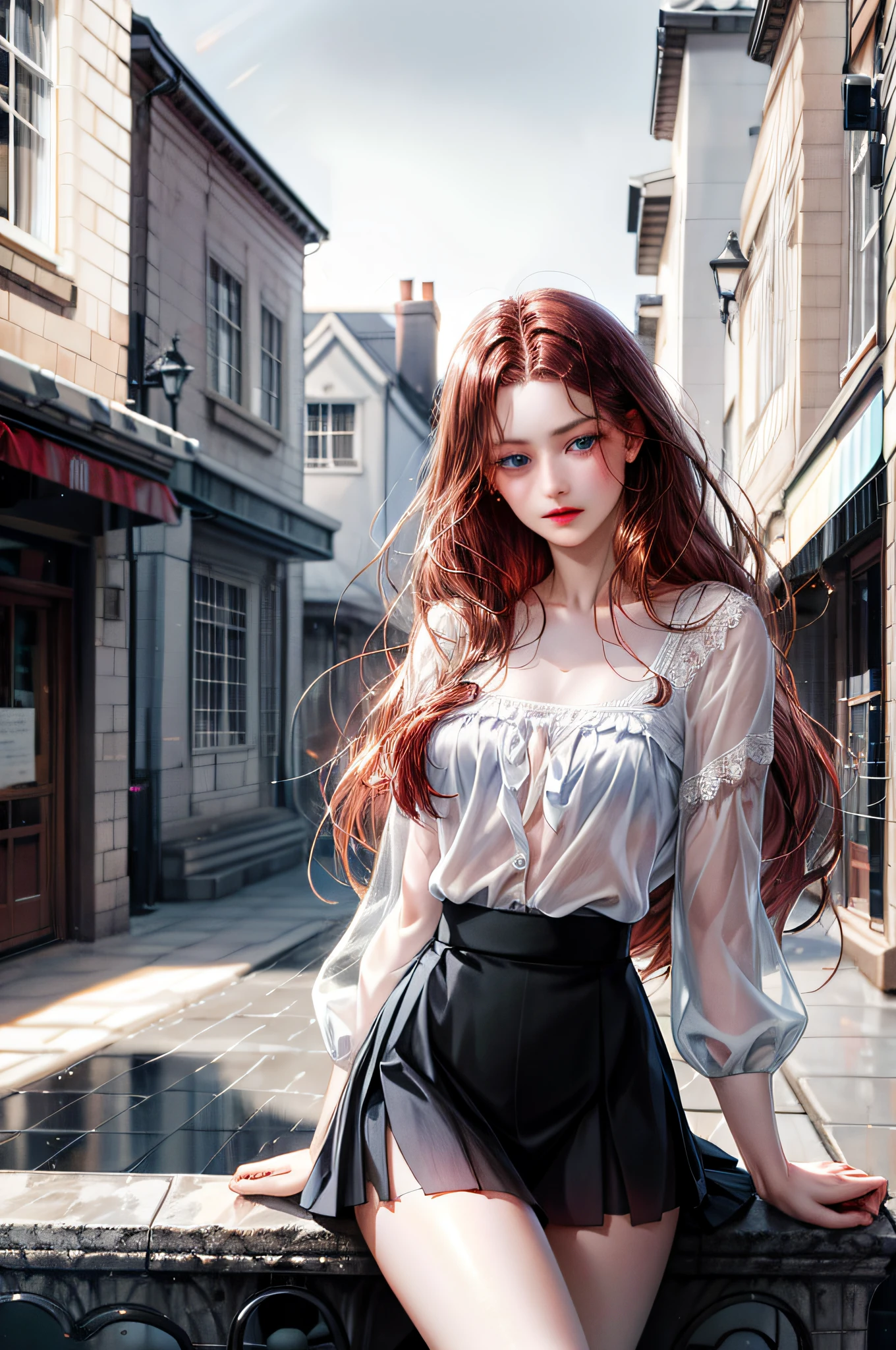 One creates a girl with dark red hair and blue eyes, beautiful, thin, flat, and may be wearing a businessman's uniform, one with long hair, the other with short women, ((white sheer blouse, black mini skirt)), underwear bite, sexy pose, lower body slender, behind the woman there are windows showing different buildings in the city (absurd, high resolution, super detail),