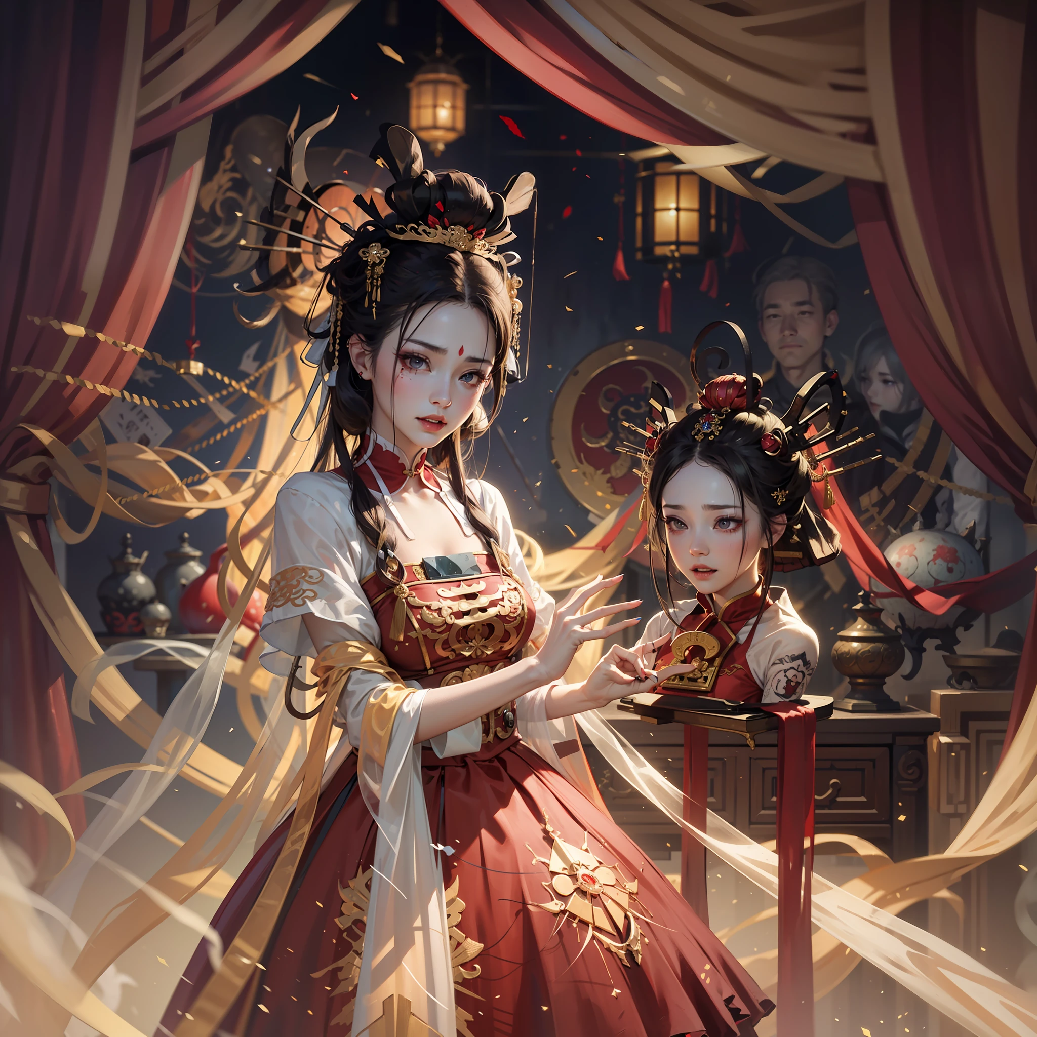 Best Quality, Masterpiece, Super Detail, Extreme Detail, 8k Wallpaper, Realistic Details, Movie Lighting, Dynamic Angle, World Mastery Theater, Best Quality, Extremely Delicate Beautiful Girl, Perfect Face, Delicate Facial Features, Perfect Hands, Delicate Eyelashes, Delicate Eyes, Ancient Chinese Hairstyle, Peking Opera, Horror, Spooky Atmosphere, Darkness, Red Lantern, Spirit Rune, Puppet Body, Messy, Bloodstained, Sharp Teeth, Bust, Torn Mouth, Bloody Tears