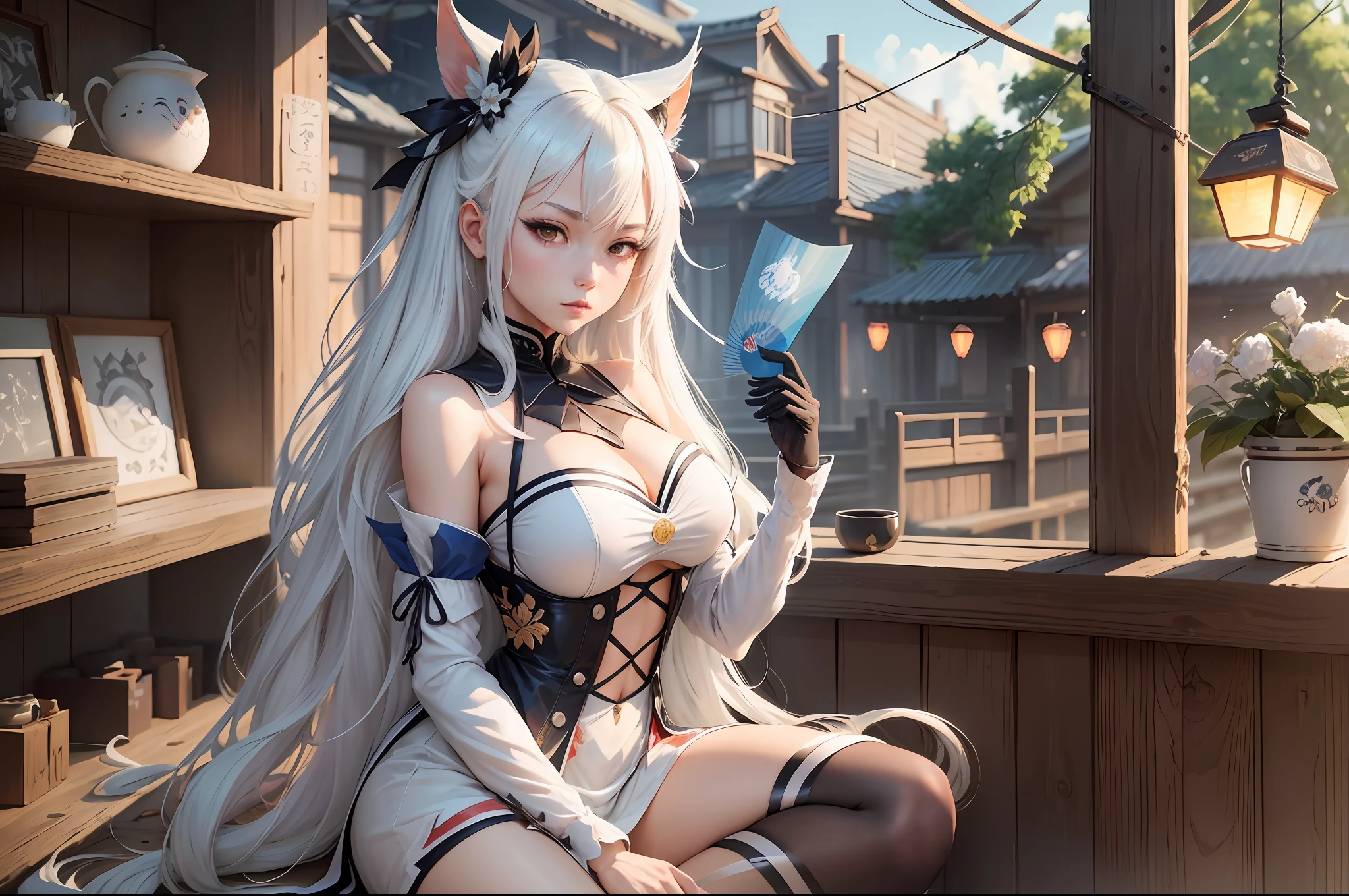 anime girl with long white hair holding a fan and a paper, ayaka genshin impact, ayaka game genshin impact, keqing from genshin impact, zhongli from genshin impact, genshin impact character, white haired deity, from the azur lane videogame, genshin, characters from azur lane, guweiz --auto --s2
