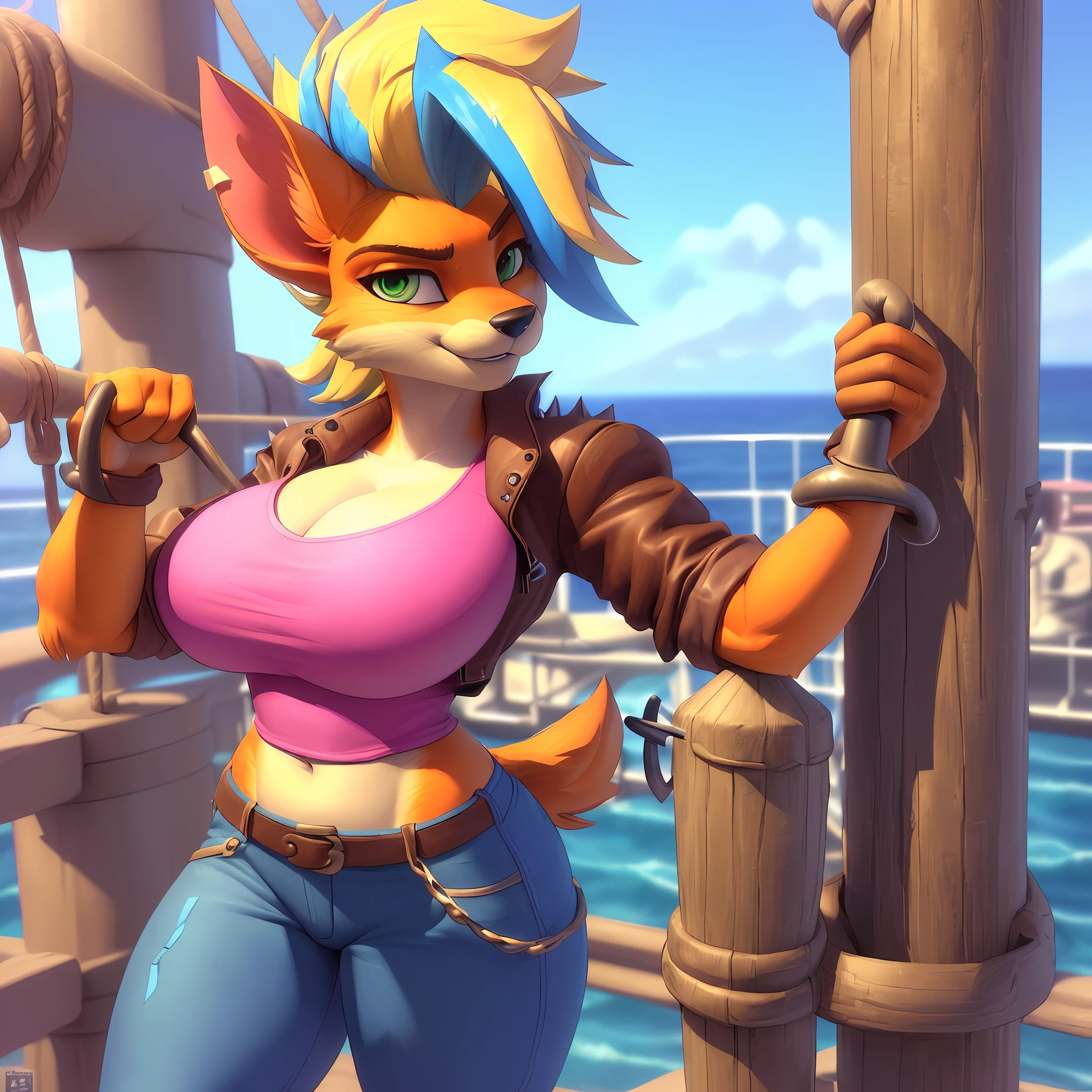 [piratetawna], [Uploaded to e621.net; (Pixelsketcher), (wamudraws)], ((masterpiece)), ((solo full body portrait)), ((1girl)), ((raw photo)), ((furry; anthro)), ((detailed fur)), ((raytracing)), ((detailed shading)), ((beautiful 3D art)), {anthro; (orange fur, black nose, pointed ears), beautiful green eyes, blonde hair blue highlights, long spiky hair, happy smile, (pink shirt, large boobs, brown leather jacket, blue denim skintight jeans), brown boots}, ((standing on ship; leaning on sail post, holding grapple hook in right hand, ) attractive pose), [background; (barrels, giant sail post, beautiful ocean, sunny)]