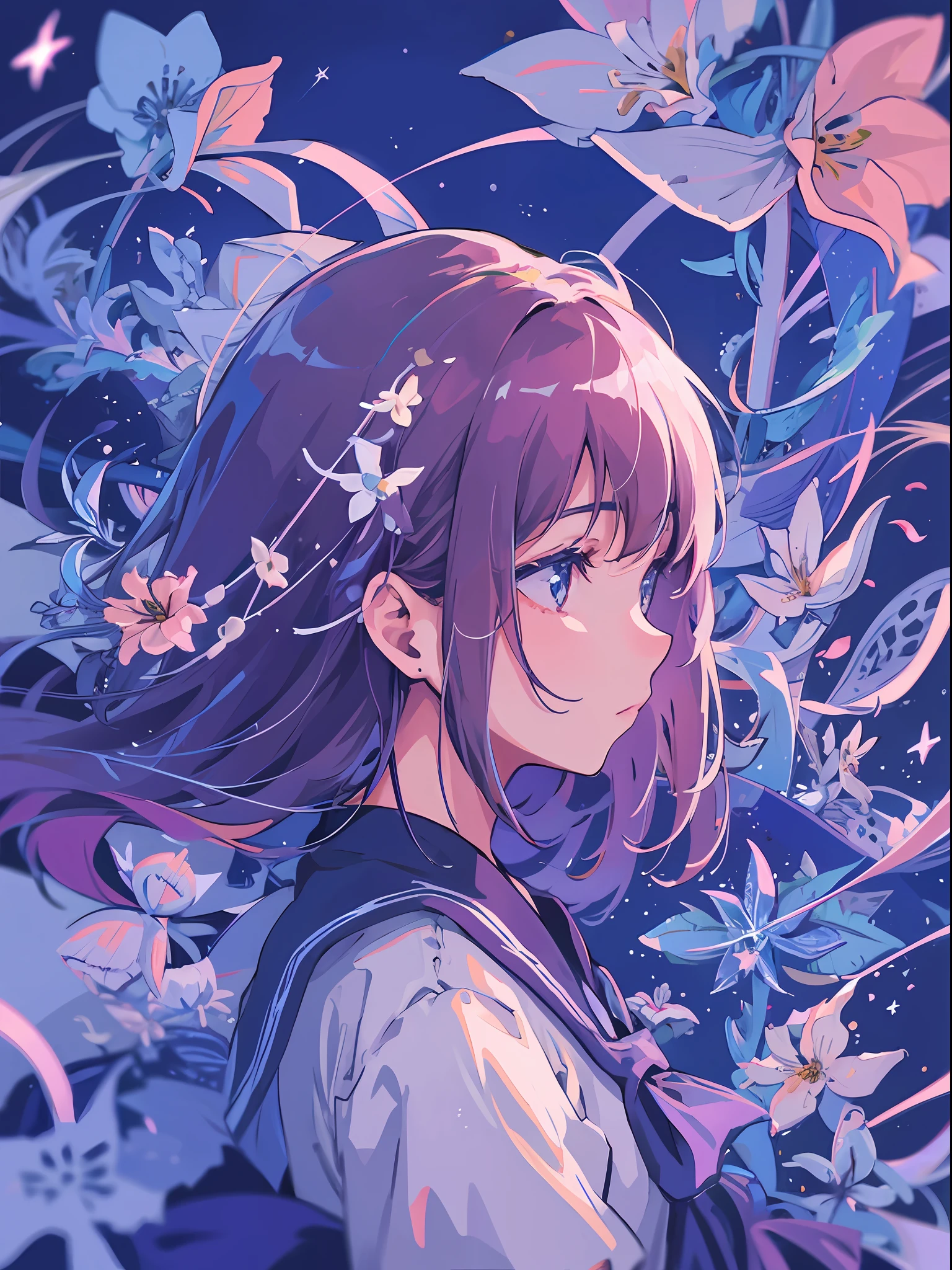 1girl, star, flowers, close up, from side, masterpiece