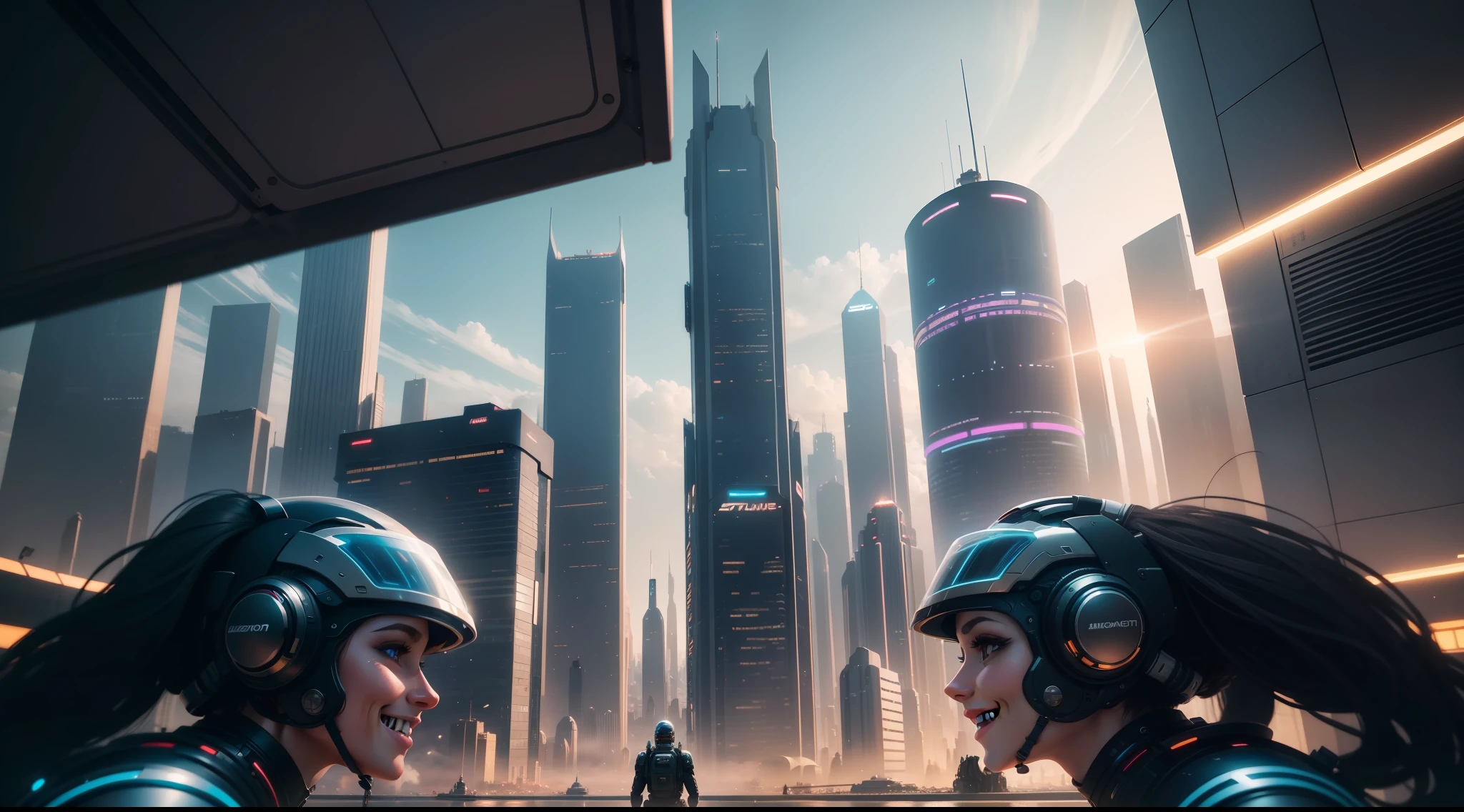 in beautiful futuristic cityscape, closeup of people smiling and engaging in various activities, vibrant, photorealistic, realistic, dramatic, cinematic lighting, sharp focus, 8k