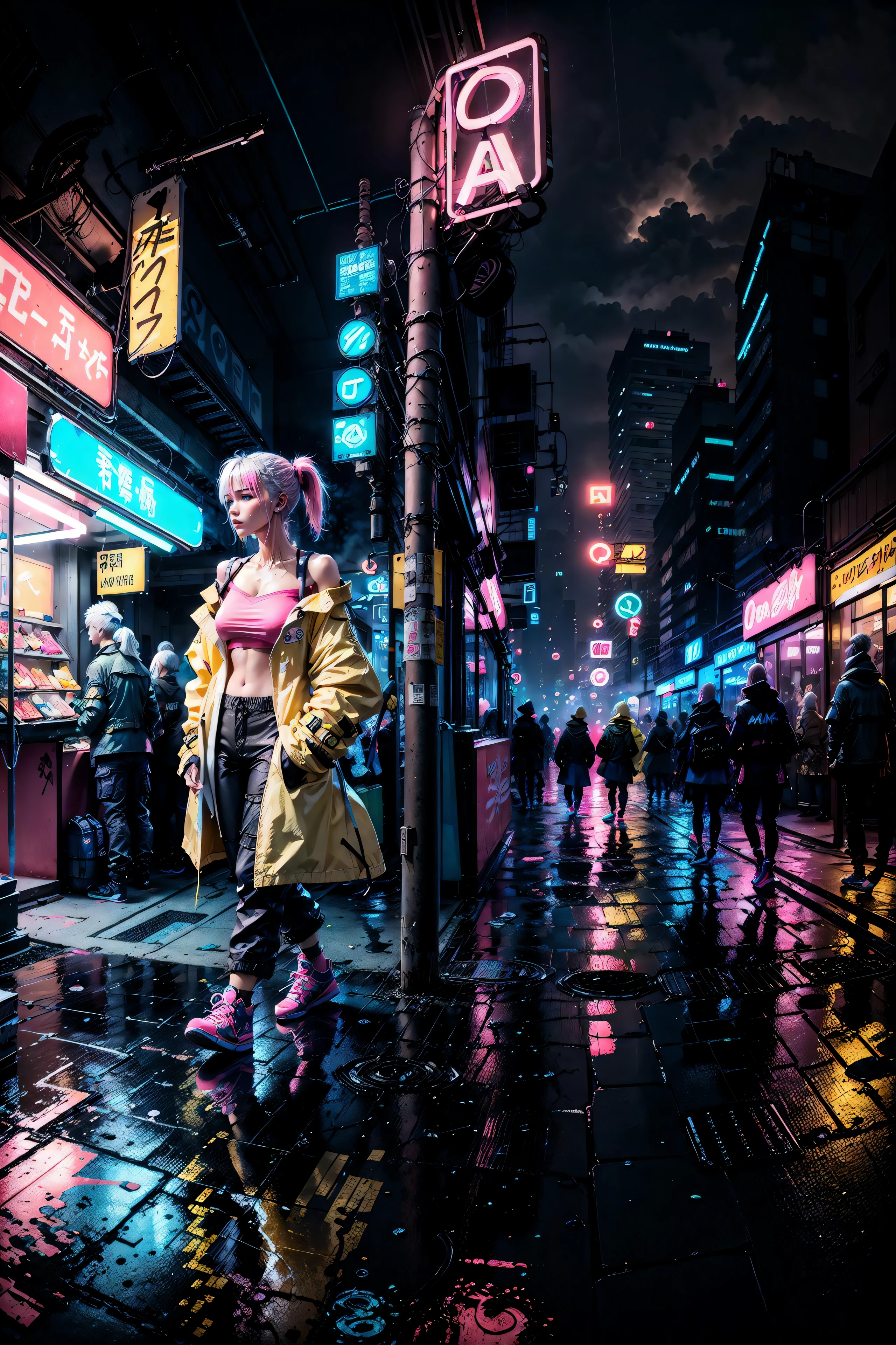 (masterpiece, 4k ,ultra detailed:1.2),(anime:1.2),illustration,(realistic:1),(photorealistic:1),
(solo:1.2),
(walking:1),
(panorama,perspective:1.4),(fisheye:1.2),
(landscape,outdoor,cityscape,night,midnight,rooftop,cyberpunk,asphalt,rain,graffiti art,reflection,shop,kiosk,sidewalk,alleyway:1.2),(skyscraper,fog:1.4),
(pedestrian,crowd,people:1.3),
(neon sign,blue neon,pink neon,yellow neon:1.4),
(off-shoulder neon trench coat,t-shirt,cargo pants,sneaker:1.3),
(platinum white hair,ponytail:1.2),(supermodel:1.4),(various hair color),
