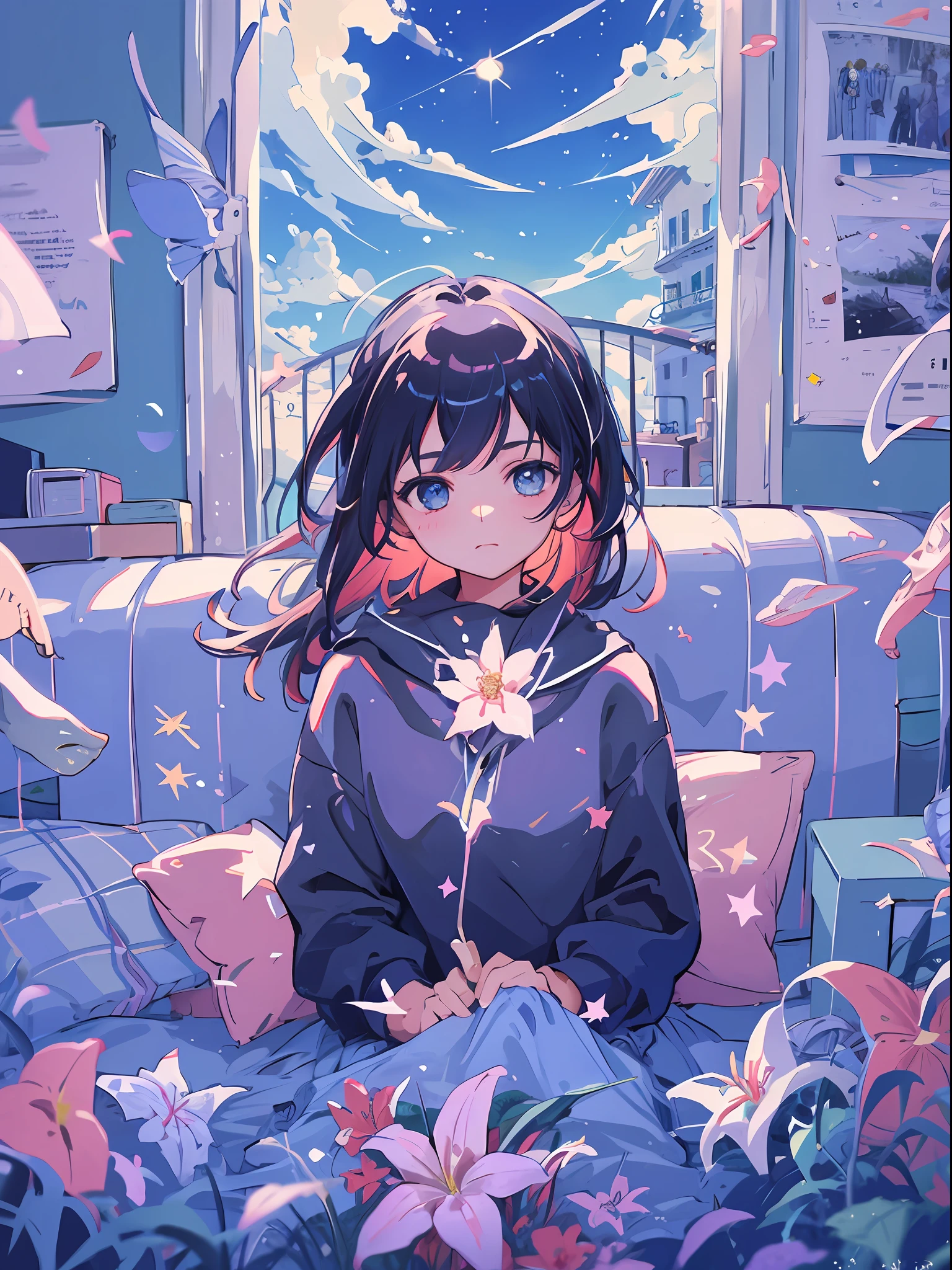 1girl, star, flowers, masterpiece,