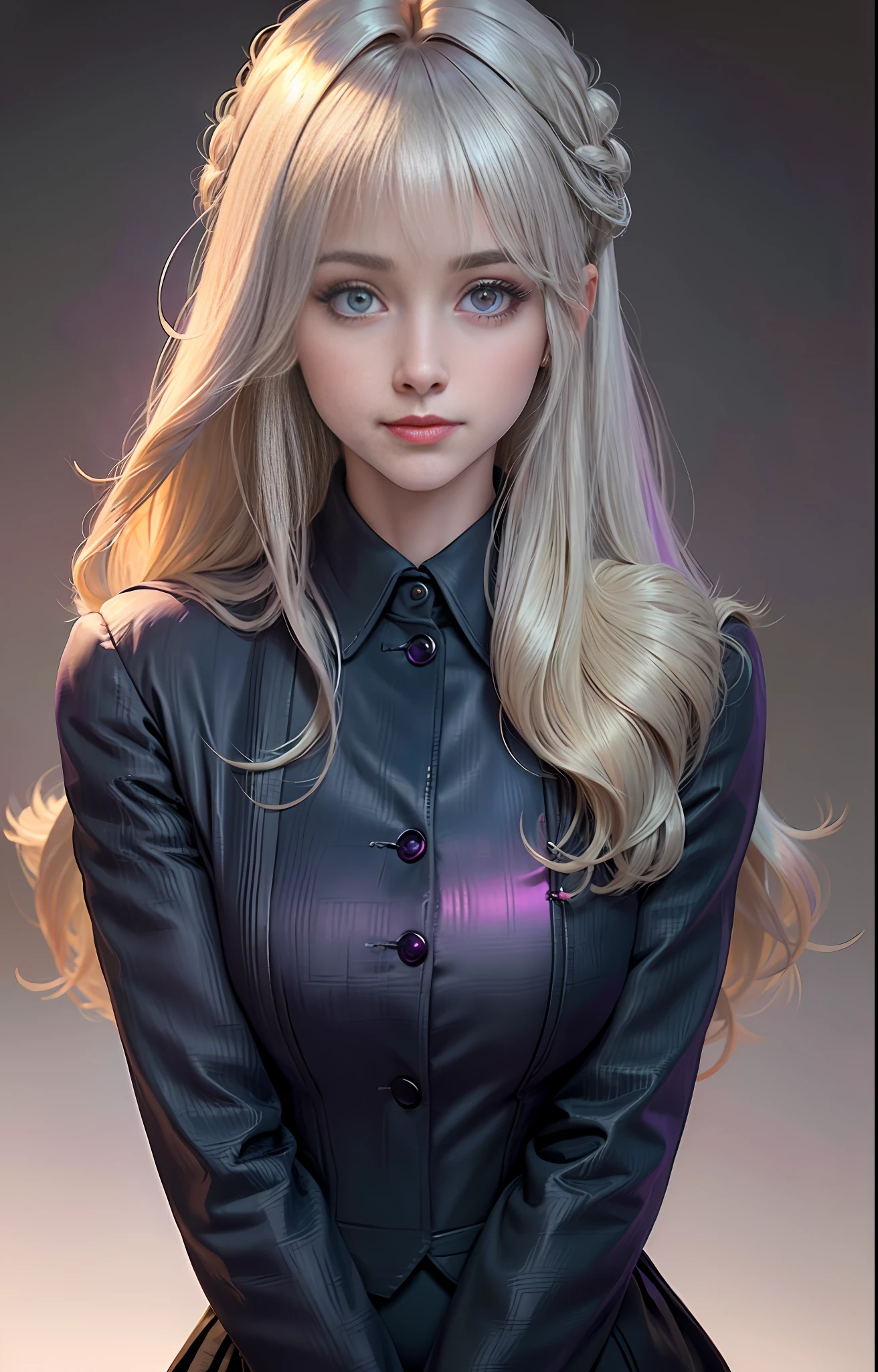 1girl,beautiful vintage color, instagram (photorealistic, high resolution:1.4), ((puffy eyes)), looking at viewer, , full body (8k, RAW photo, best quality, masterpiece:1.2), (realistic, photo-realistic:1.37),(sharp focus:1.2), professional lighting, photon mapping, radiosity, physically-based rendering, (pale skin:1.2),(small breasts:1.2), looking at viewer, (middle hair:1.5), portrait, purple eyes, (sliver hair:1.1),bangs, (simple background:1.4), solo, upper body, realistic,(masterpiece:1.4),(best quality:1.4),(shiny skin),fashi-girl,makeup,smile(skinny,closed mouth,shy :1.3) ,(standing,black Stewardess uniform,Necromancer:1.1),medium bust,sexy pose ,