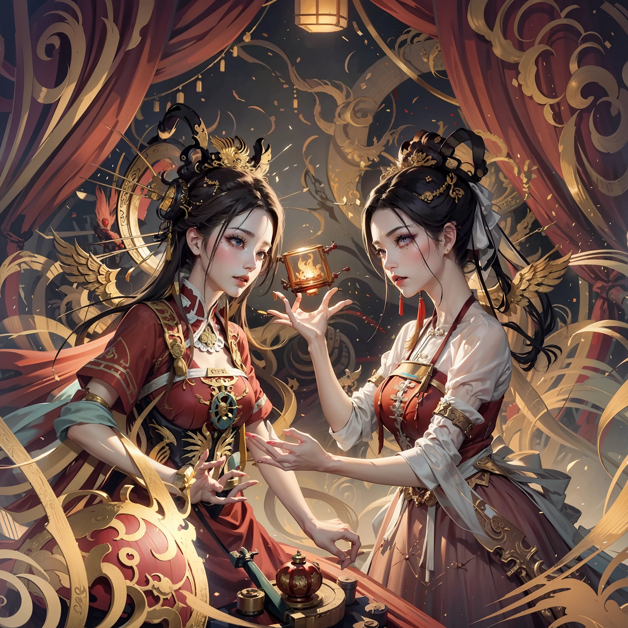 Best Quality, Masterpiece, Super Detail, Extreme Detail, 8k Wallpaper, Realistic Details, Movie Lighting, Dynamic Angle, World Mastery Theater, Best Quality, Extremely Delicate Beautiful Girl, Perfect Face, Delicate Facial Features, Perfect Hands, Delicate Eyelashes, Delicate Eyes, Ancient Chinese Hairstyle, Peking Opera, Horror, Spooky Atmosphere, Darkness, Red Lantern, Spirit Rune, Puppet Body, Messy, Bloodstained, Sharp Teeth, Bust, Torn Mouth, Bloody Tears