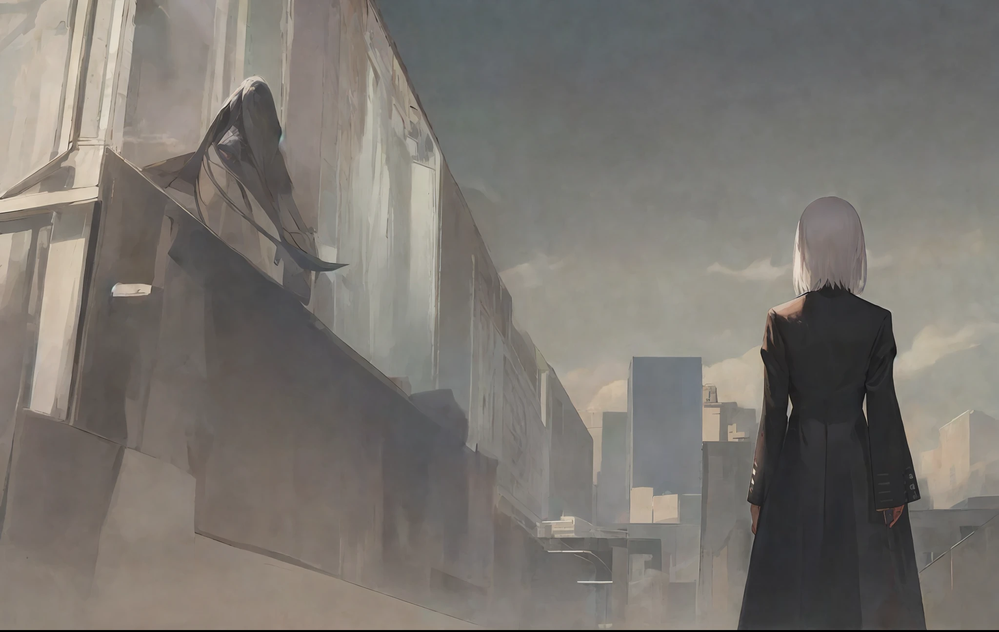 Close-up of back figure of woman with white hair, standing alone, pixiv contest winner, modern, black suit, beautiful character painting, gwise style