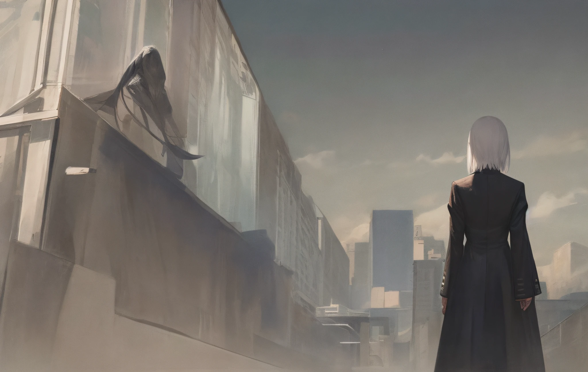 Close-up of back figure of woman with white hair, standing alone, pixiv contest winner, modern, black suit, beautiful character painting, gwise style