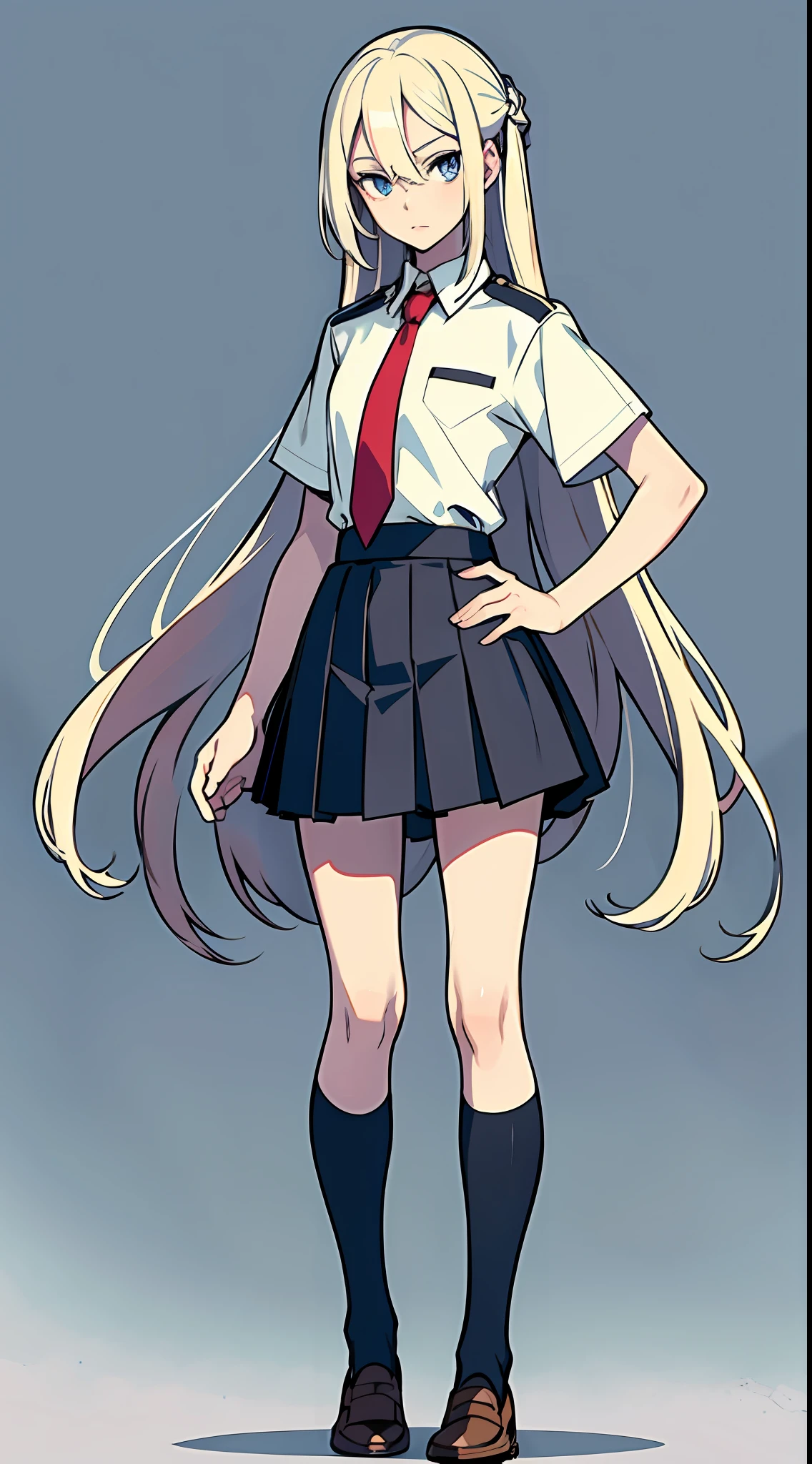Masterpiece, Best Quality, 1girl,Light blue eyes, Pale blonde, Half up, Long hair, , Full body, Hands on hips, Standing, Short sleeves, Solo, View viewers, American uniform, Black socks, Blazer, Brown loafers, Black knee highs, Long sleeves, Pleated green skirt, Red tie, Uniform, Shirt, Simple background