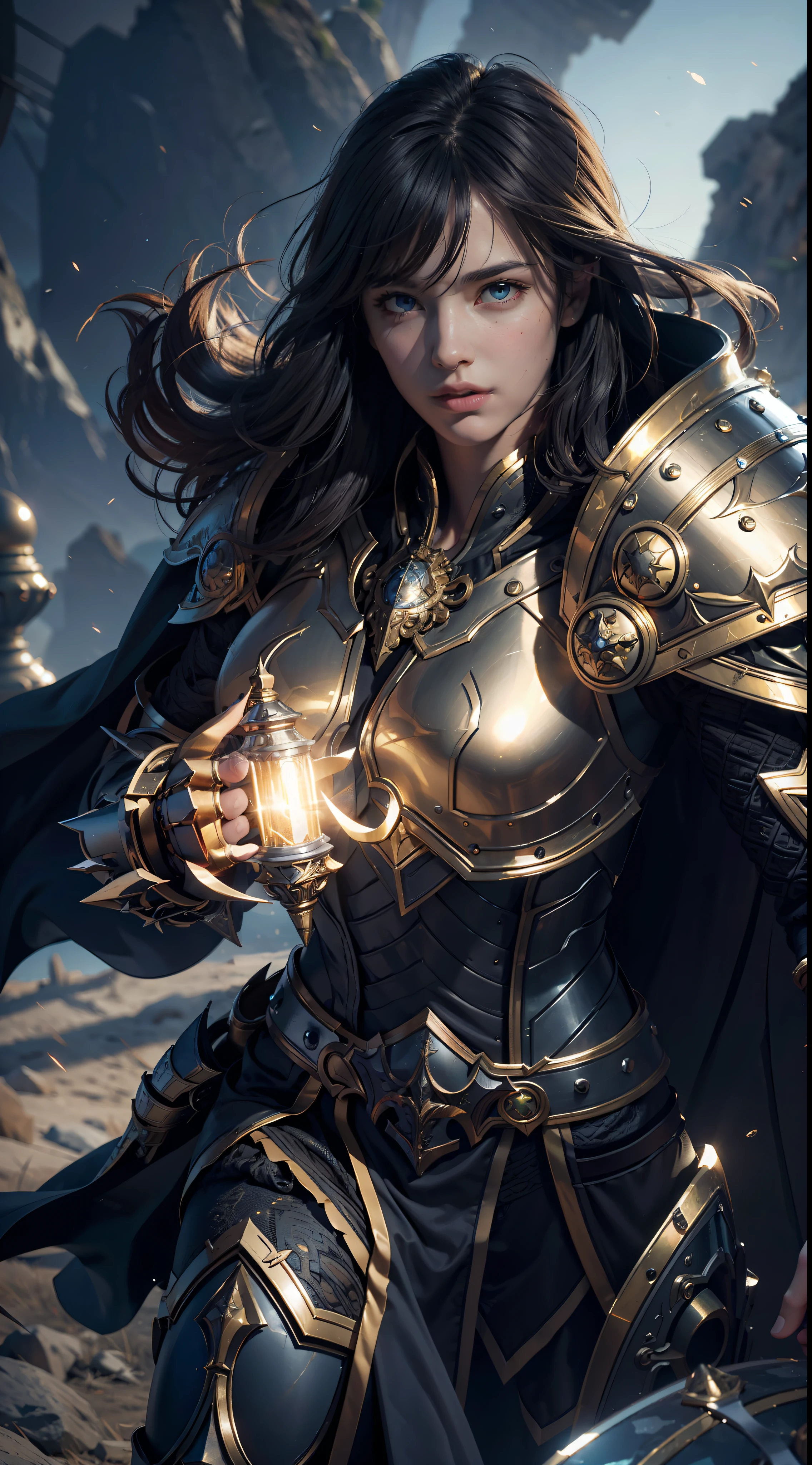 8k,ultra detailed, masterpiece, best quality, (extremely detailed), dynamic angle, Mysterious expression, wind effect, fantasy background, rim lighting, cinematic light, ultra high res, 8k uhd, film grain,best shadow, delicate, RAW, light particles, detailed skin texture, detailed armor texture, detailed face, intricate details, ultra detailed, bright, strong, golden armor, (holding hammer), smashing, smash action, pauldrons, glowing eyes, long cape, fantasy, (realistic), shoulder armor, complex, intricate, perfect lighting, looking at viewer, cinematic lighting, flying in sky,flying, holy light, vivid, bangs, windy