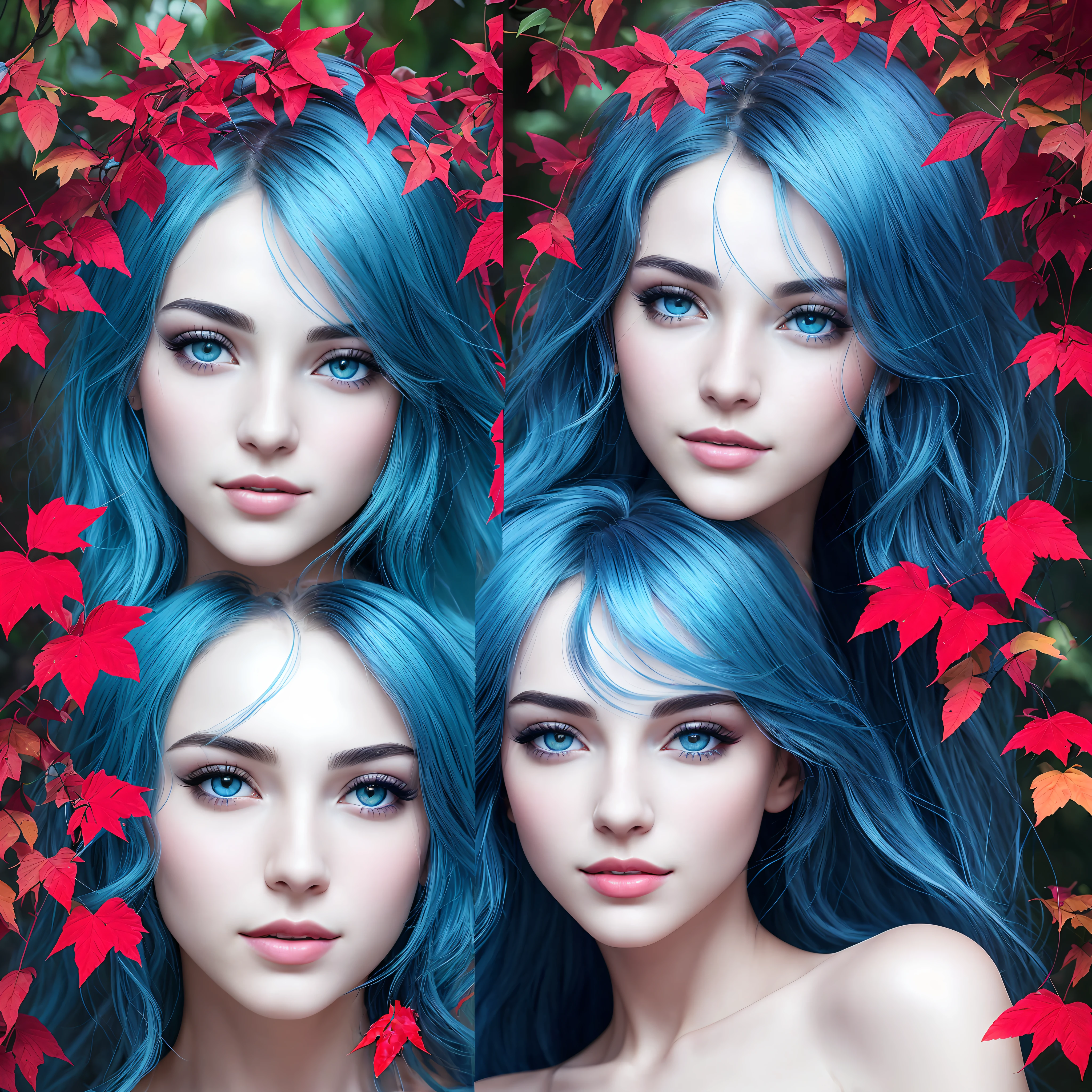 closeup, European photo model, easy smile, (heterochromia, vitiligo,:1.2) fine body, skin moles, (the wind develops the hair:1.2), (The lace negligee:1.1), noon, looking at camera, (shade of leaves:1.2), professional studio, (natural skin texture, hyperrealism, soft light, sharp:1.2), A young woman wakes up and sees that she is inside a simulated world. Three-layer picture. Layer A (20%): Contour of laser light in blue and red. Layer B (40%): Artificial world. Layer C (40%): Simulation. Spray paint on blue glass. High detail, sharp focus, masterpiece quality. 32k resolution. Perfect Face. Perfect faces. If there are body parts, they are normal