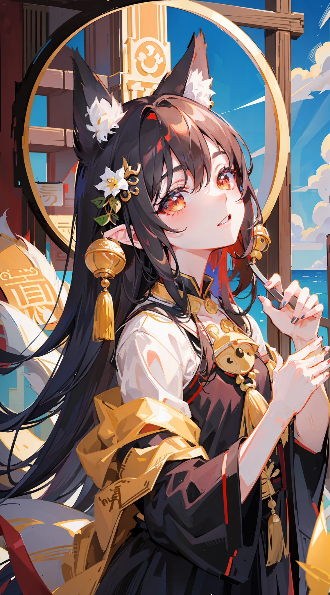 Masterpiece, black_hair, 1 Girl, Looking at the Audience, long_hair, nail_polish, Delicate Cute Face, Detailed Digital Anime Art, Anime Illustration, Brunette Hair, Playful, Fox Ears, Foxtail, Fox Maiden, Chinese Style, Solo, Other Side Flower, Jewelry, Bells, Ancient Art, Chinese