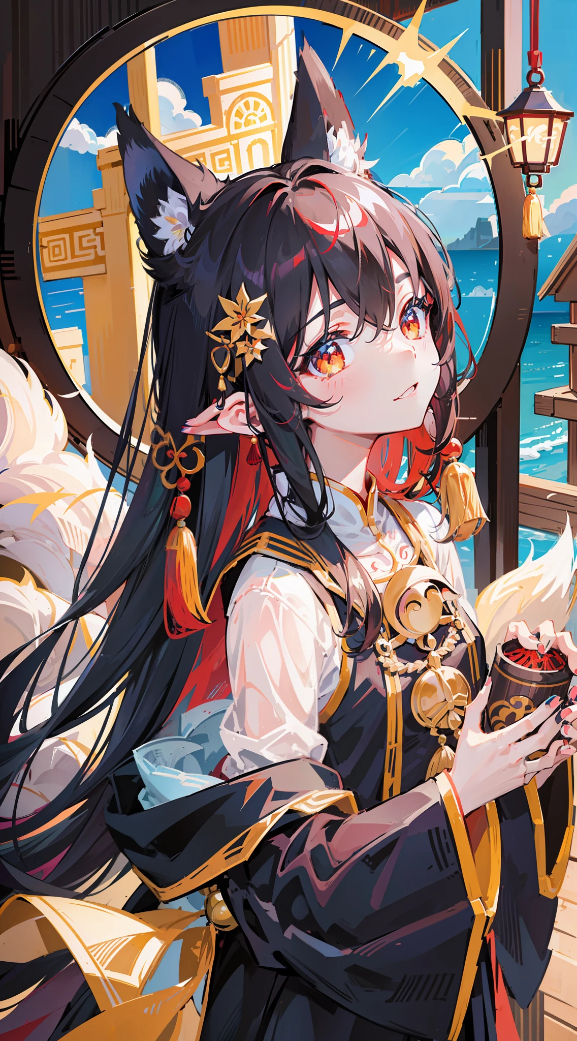 Masterpiece, black_hair, 1 Girl, Looking at the Audience, long_hair, nail_polish, Delicate Cute Face, Detailed Digital Anime Art, Anime Illustration, Brunette Hair, Playful, Fox Ears, Foxtail, Fox Maiden, Chinese Style, Solo, Other Side Flower, Jewelry, Bells, Ancient Art, Chinese