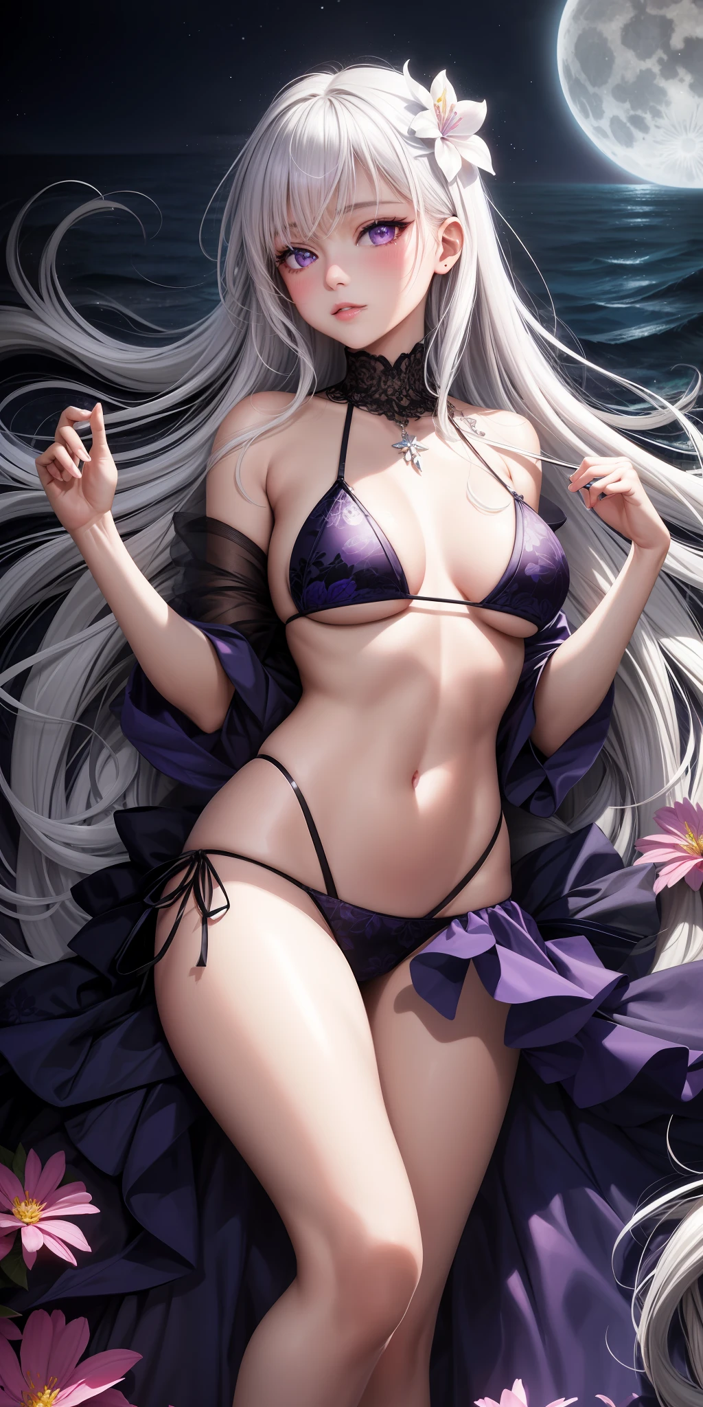 realistic, girl single, white hair, purple eyes, glowing eyes, floral, simple background, sea, silver micro bikini, side tail, t-back, parted lips, blush, night, flower, moonlight, lying down, floating, {{{masterpiece}}},
{{{{{official art}}}}},
{{{high quality}}},
{{{best quality}}},
{{{{8k_wallpaper}}}},
{{{{extremely detailed eyes}}}},
{{{{extremely detailed body}}}},
{{{{extremely detailed finger}}}}