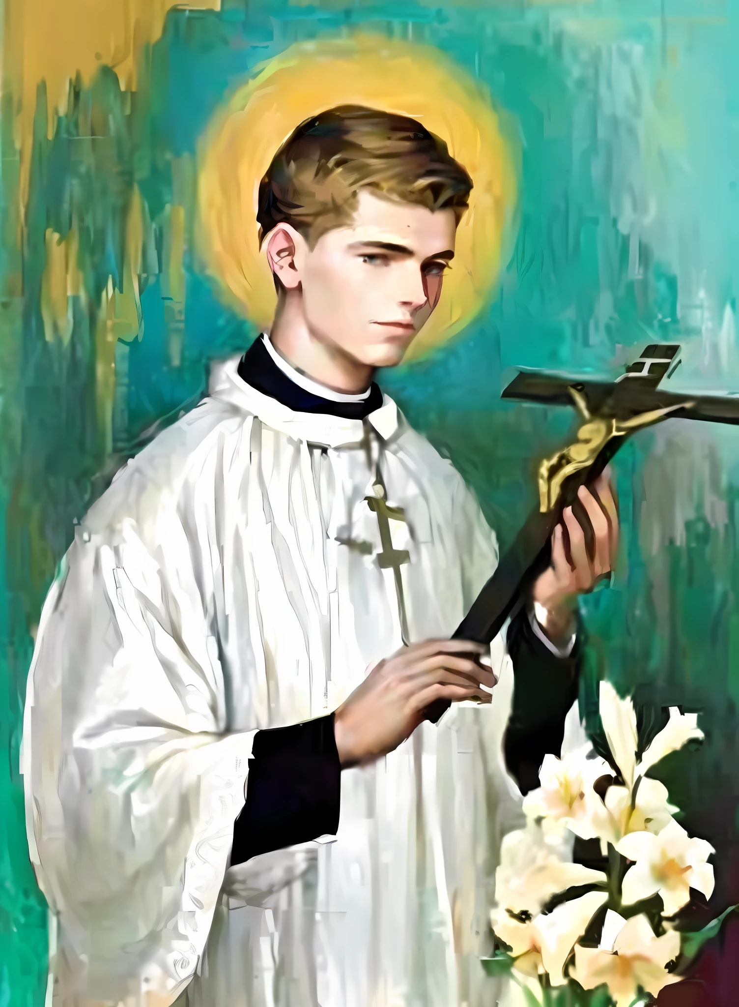 painting of a young man holding a crucifix in his hands, saint, saint, catholic, catholic icon, christian saint, bl, roman catholic icon, (art fitzpatrick), saint, by Francis Helps, edward, christian saint rosace, artistic representation, portrait of saint of the pit, anton, [ digital art, cr3, digitally enhanced