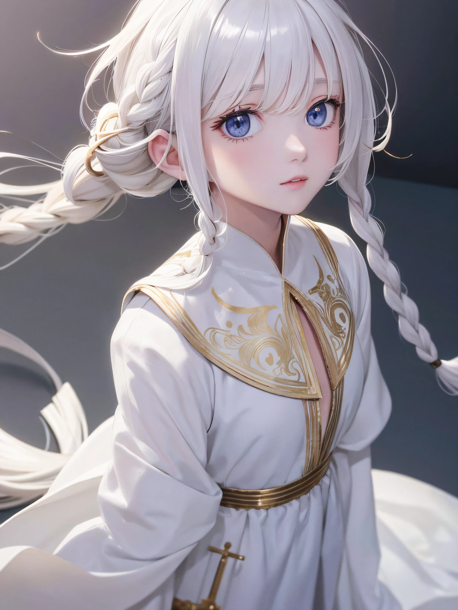 best quality, masterpiece,white hair, gold eyes,white clothes, looking up, upper body,hair strand,Fair skin,side braids