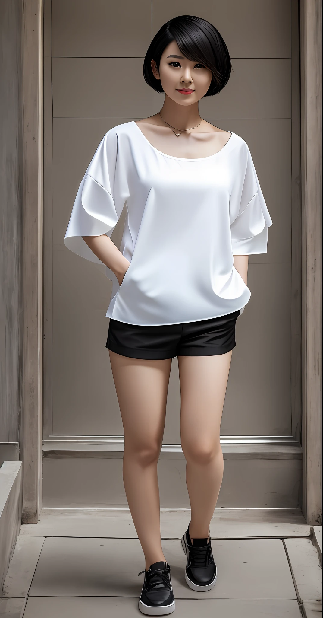 Full body portrait of young asian woman with black short hair, wearing white tak top, realistic and confident shallow depth of field... ar-image #2