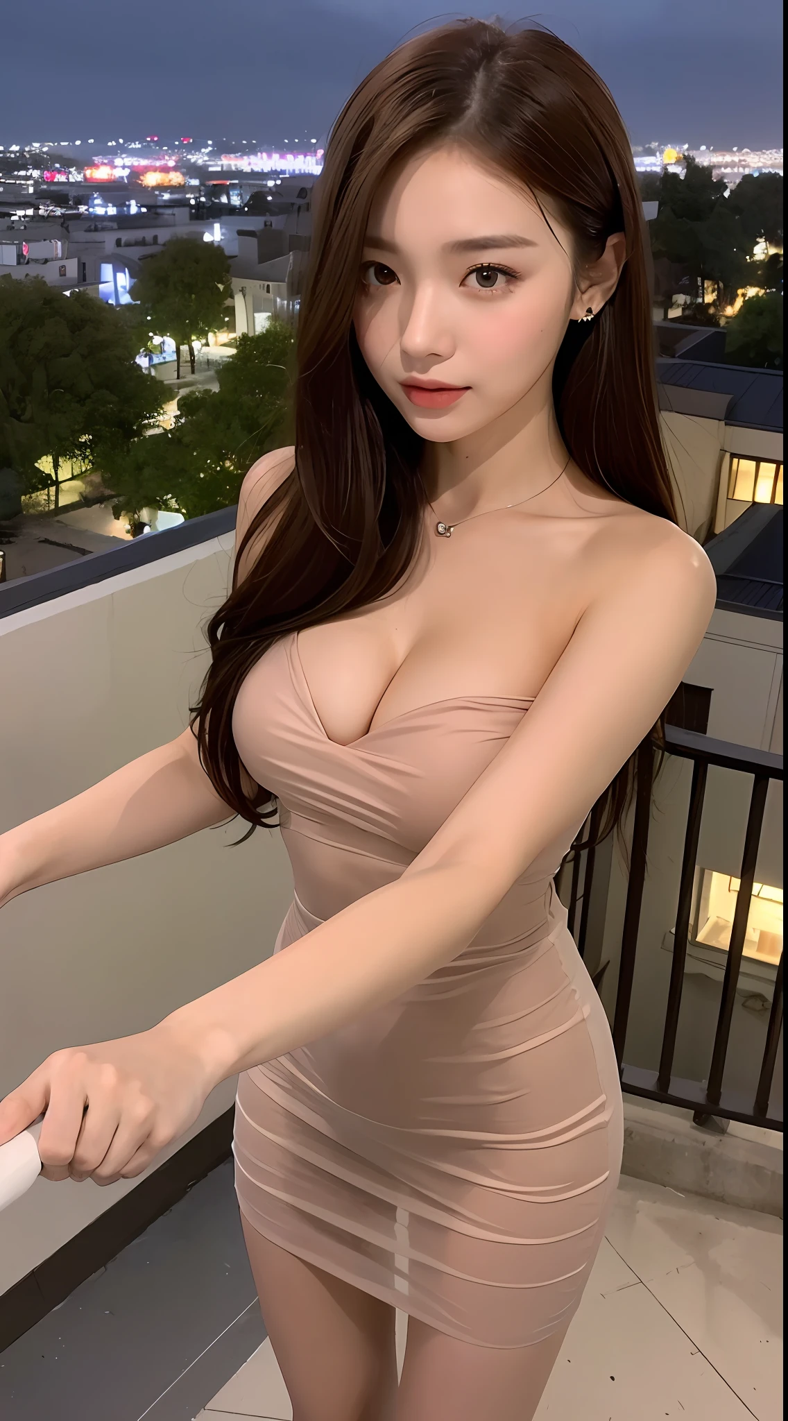 ((Best quality, 8k, Masterpiece: 1.3)), Selfie, Sharp focus: 1.2, Cute beautiful woman with perfect body: 1.4, Slim big breasts: 1.2, ((Brown hair dark, Big breasts: 1.2)) , (small transparent dress, half naked, highly detailed breasts, Happy expression, Standing: 1.2), ((Night view of the city with rain, Balcony simple: 1.3 making with the female being the main focus)), Highly detailed face and skin texture, Detailed eyes, Double eyelid