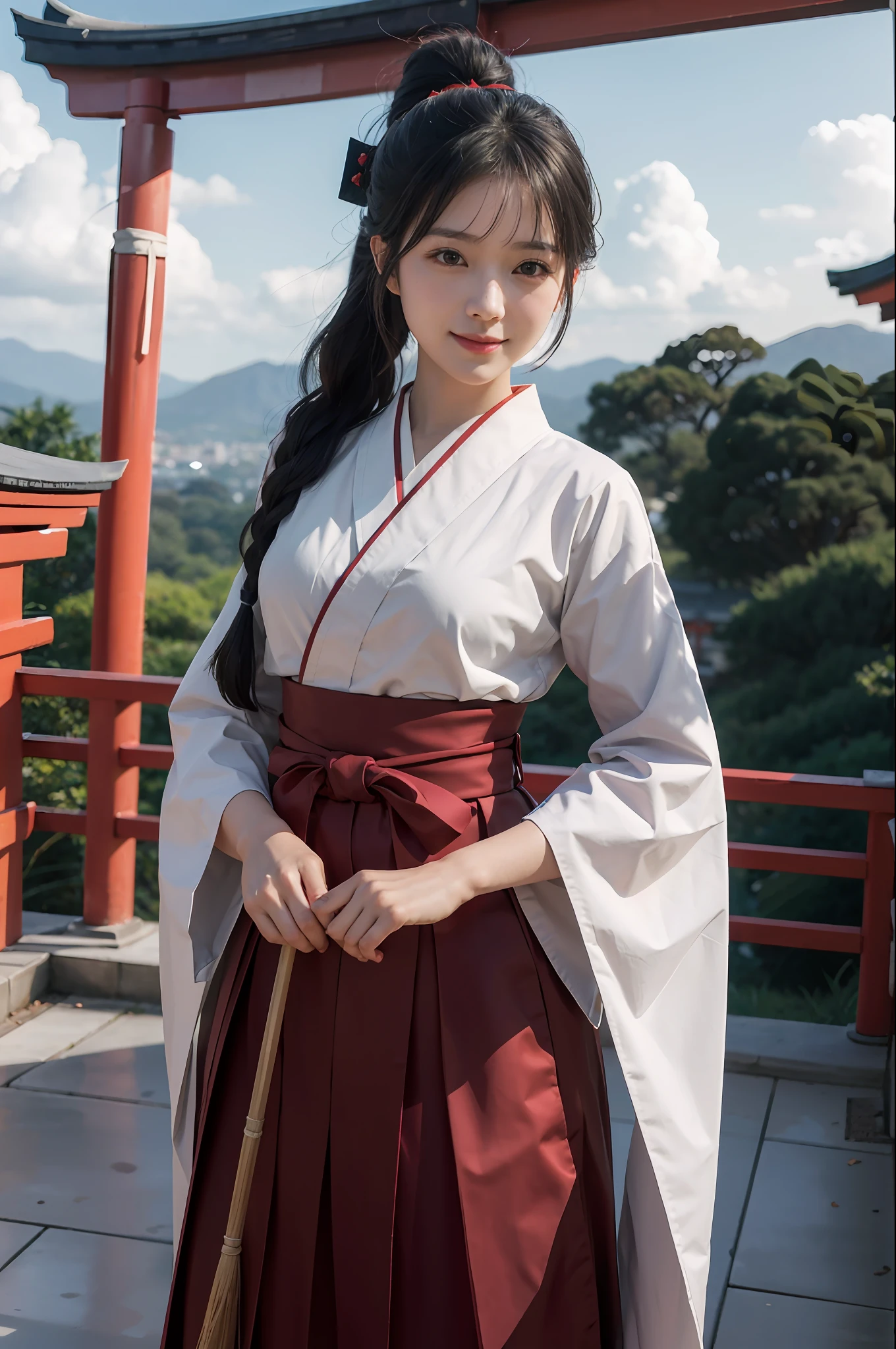 (Masterpiece: 1.2, highest quality), (Dynamic lighting) 1 Lady, Solo, Long Hair, (Hakama, Red Skirt), (Torii, Temple), Japan girls in priestess clothes cleaning in front of the torii gate, black hair, long hair, ponytail, white robe, (Red Hakama; 1.45), straw broom, Tsuruoka Hachimangu, looking at the viewer, smiling, posing, ((highest quality, masterpiece))), high resolution, very detailed, Trending, masterpieces, movie lighting, on pixiv (Anime Art Style: 1.45),