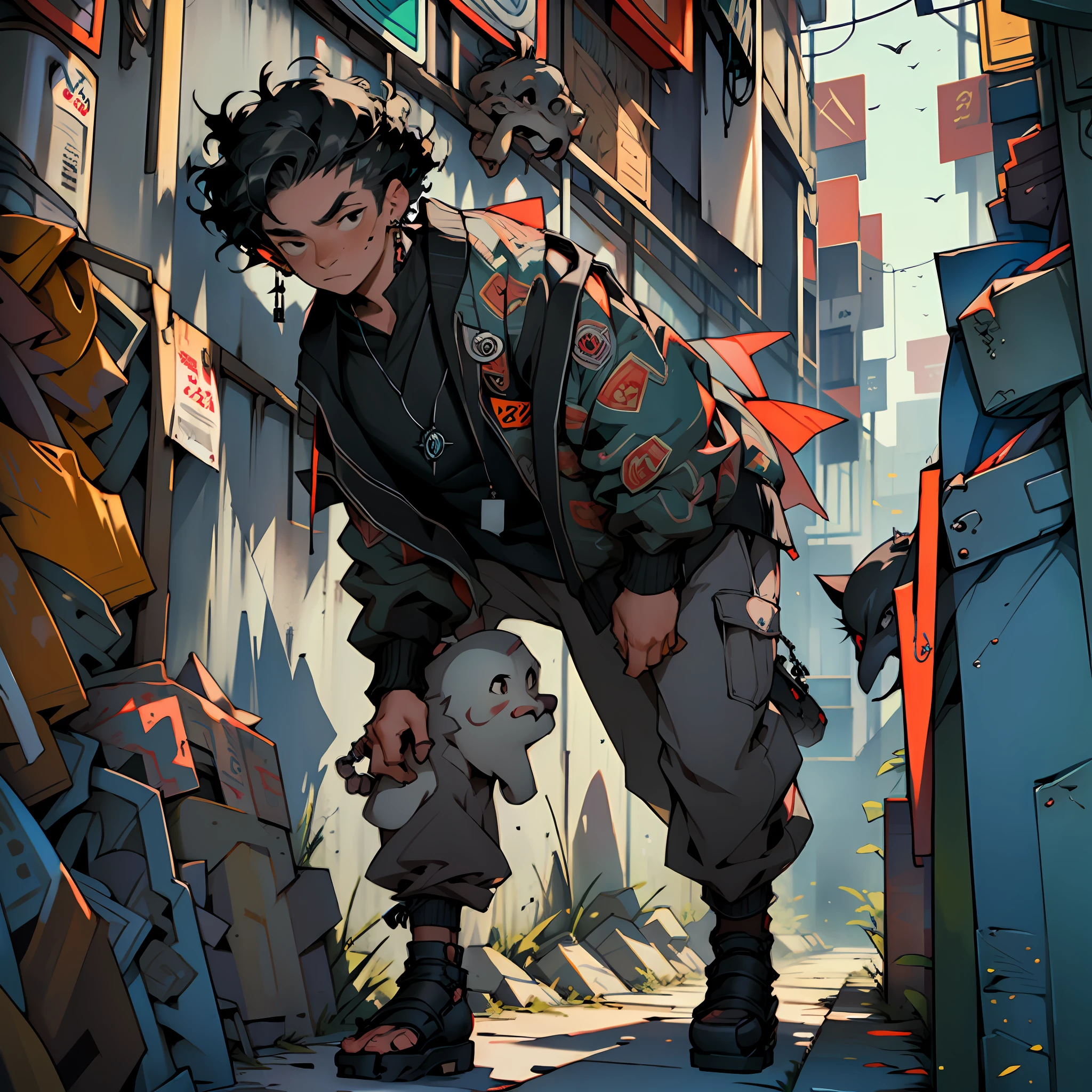 (Young boy),(medium size curly hair),(black clothes),(cap),(black eyes),(pendant earring), (crows), (streat style),(city),(detailed),