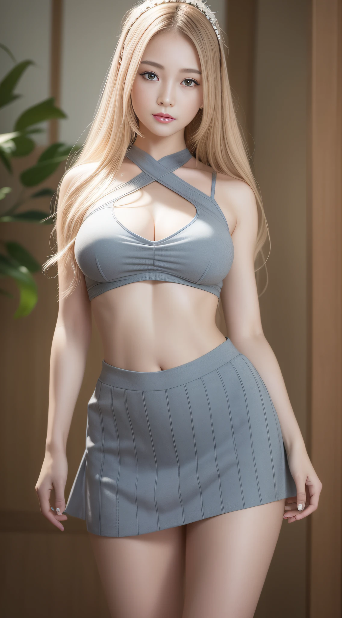 (RAW photo best quality) (realistic photo-realistic: 1.3) best quality masterpiece extremely delicate and beautiful extremely detailed CG unity 32k wallpaper amazing finely detailed masterpiece light smile best quality CG unity 32k wallpaper huge filesize ultra-detailed highres extremely detailed 1girl chinese girl slim body slender abs big breasts looking into camera (delicate crop top:1) (flowy skirt:1) (braid hair) (blonde hair) sharp focus hyperrealism