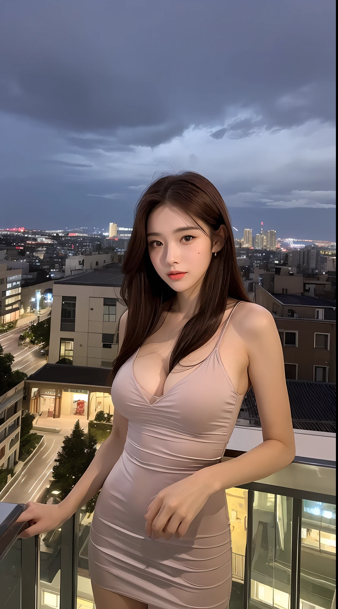 ((Best quality, 8k, Masterpiece: 1.3)), Selfie, Sharp focus: 1.2, Cute beautiful woman with perfect body: 1.4, Slim : 1.2, ((Brown hair dark, : 1.2)) , (small , , highly detailed , Happy expression, Standing: 1.2), ((Night view of the city with rain, Balcony simple: 1.3 making with the female being the main focus)), Highly detailed face and skin texture, Detailed eyes, Double eyelid