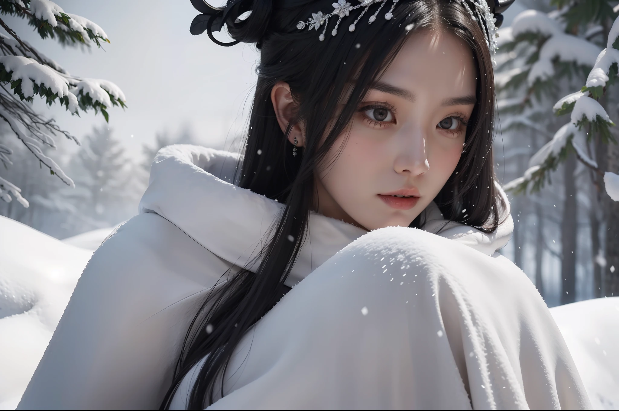 women with long hair in grey robe walking through snow,heavy snow,look at the camera,close-up shot,delicate facial details, in the style of influenced by ancient chinese art , celebrity photography , gongbi , gothic references , photo - realistic ,upscale --ar 3:2 --q 5 --v 5.1 --style raw --s