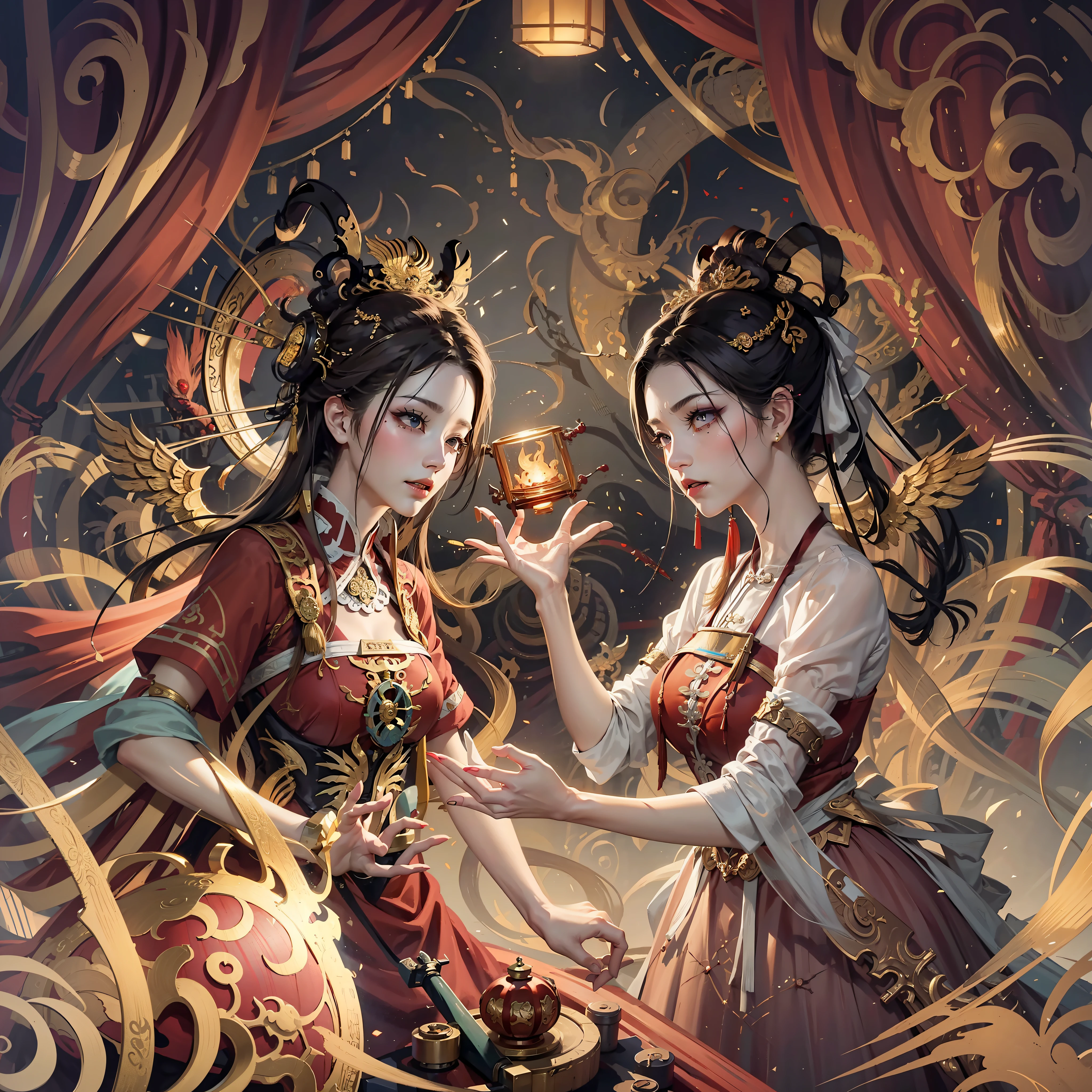 Best Quality, Masterpiece, Super Detail, Extreme Detail, 8k Wallpaper, Realistic Details, Movie Lighting, Dynamic Angle, World Mastery Theater, Best Quality, Extremely Delicate Beautiful Girl, Perfect Face, Delicate Facial Features, Perfect Hands, Delicate Eyelashes, Delicate Eyes, Ancient Chinese Hairstyle, Peking Opera, Horror, Spooky Atmosphere, Darkness, Red Lantern, Spirit Rune, Puppet Body, Messy, Bloodstained, Sharp Teeth, Bust, Torn Mouth, Bloody Tears