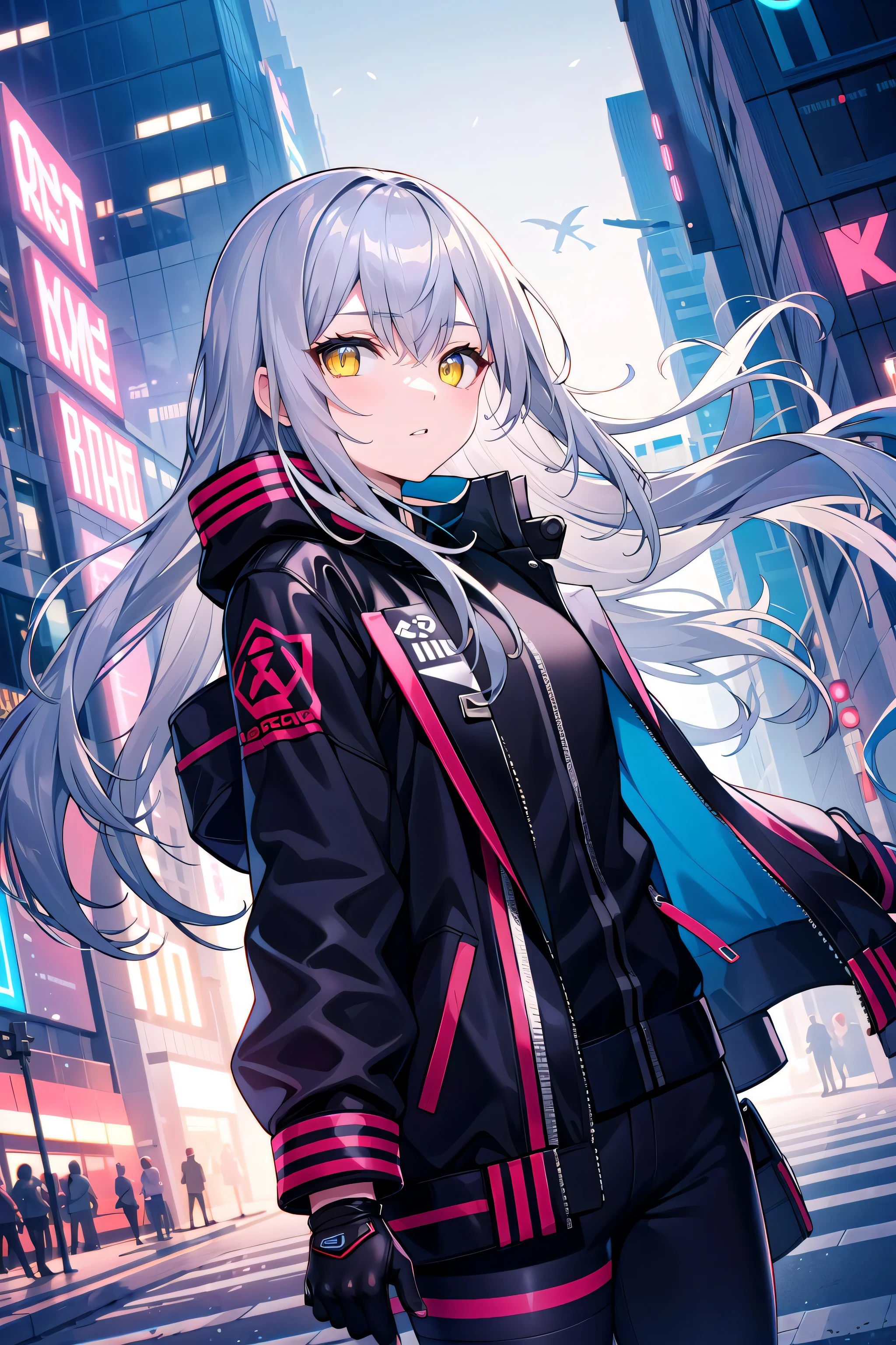 masterpiece, best quality, long hair, silver hair, yellow eyes, outdoors, jacket, wind, cyberpunk, gloves,