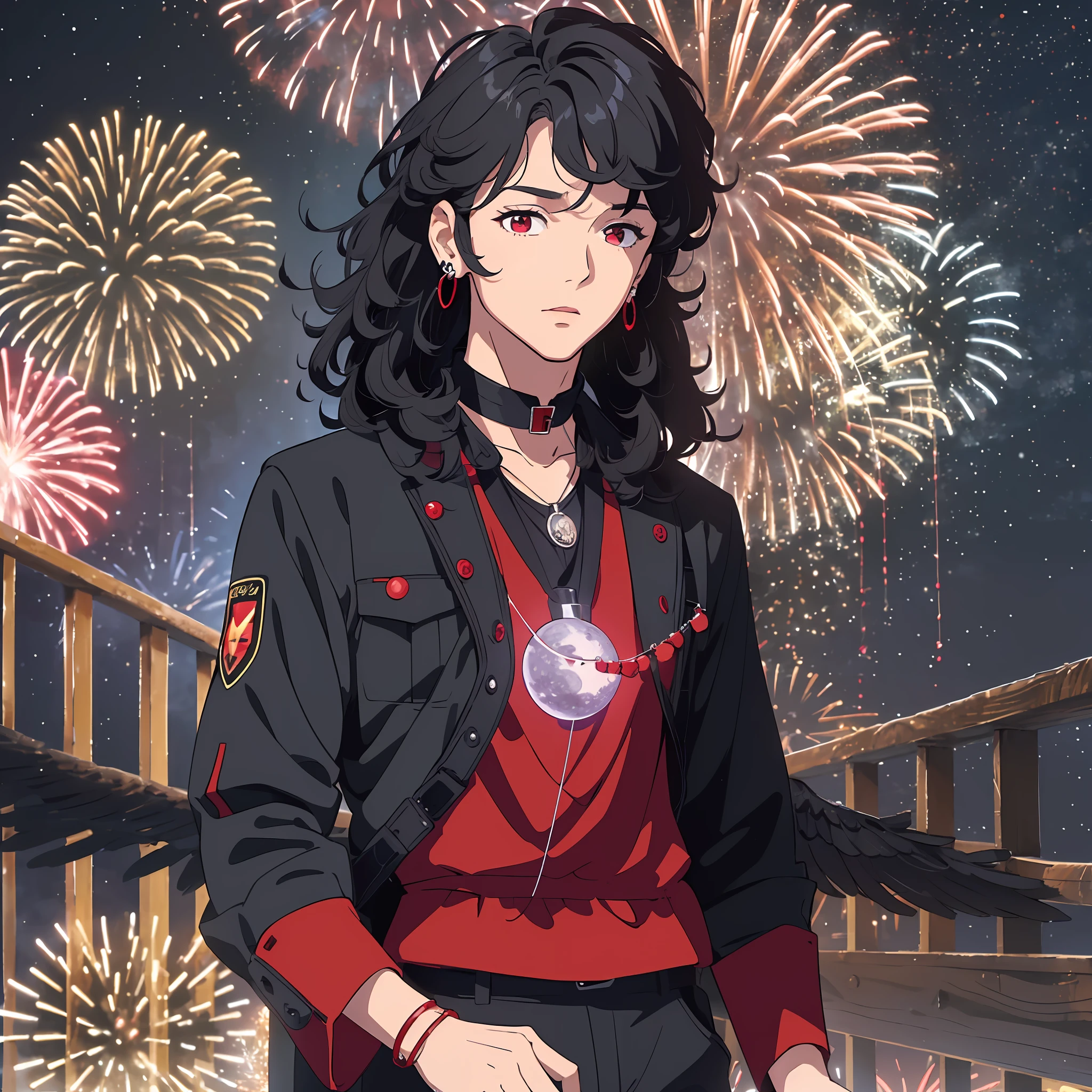 (Boy), (medium hair very curly), (eyes black color), (red and black clothes), (mostly), (little muscular), (height 170 cm), (moon), (fireworks), (detailed), (earring with pendant), (crow) --auto --s2