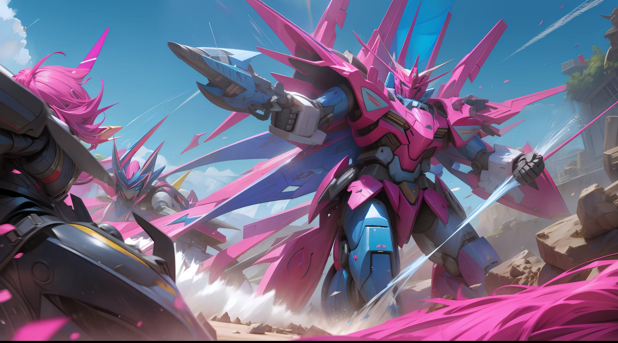 blue and pink, a gurren laggan mecha war in the cosmo