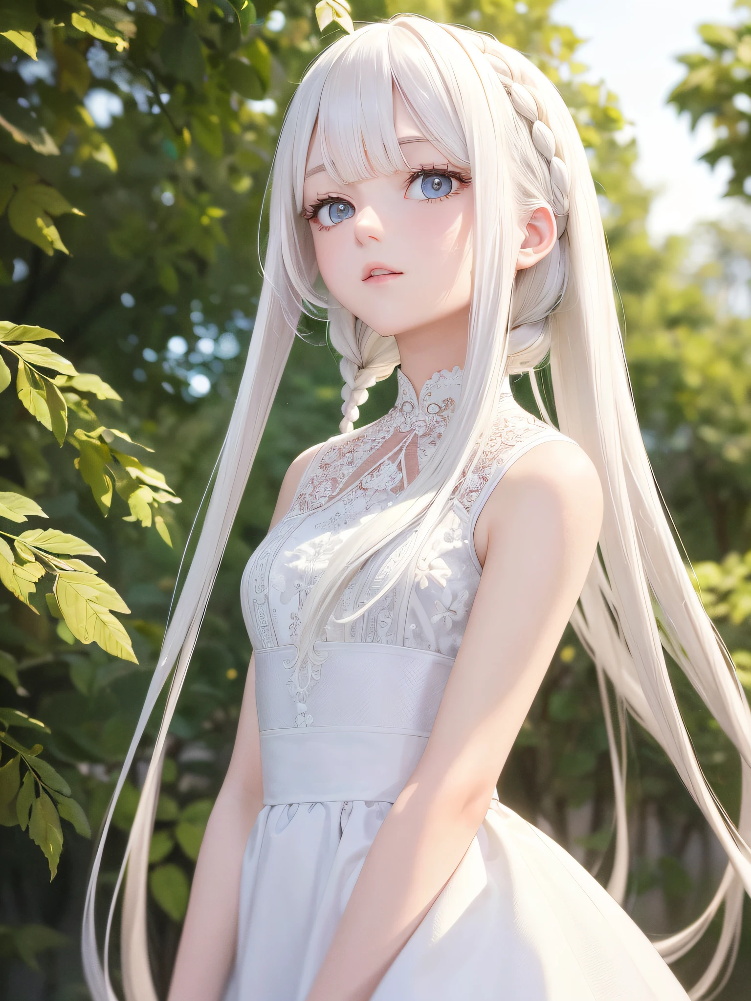 best quality, masterpiece,white hair, gold eyes,white clothes, looking up, upper body,hair strand,Fair skin,side braids