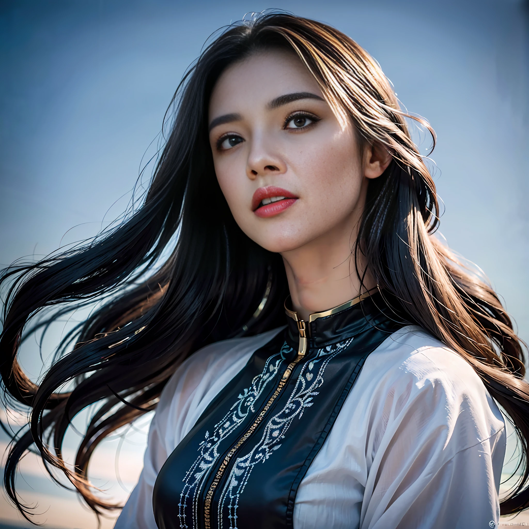 Beautiful singer, looking up to the heavens, singing loudly with outstretched hands, wearing a simple black long dress, singing to the sky, sadly, hyper-realistic detailed portrait, fantastic background, (singing as if praying, singing loudly with eyes closed, 38-year-old beauty), wind blowing from her front, beautiful long gray hair fluttering behind her, very strong wind, Beautiful 40-year-old beauty, highly detailed eyes, highly detailed gray hair, detailed symmetrical realistic face, highly detailed natural textures, avant-garde art, art by Wlop and Greg Rutkowski, Alphonse Mucha (by (wlop)), in frame, film post-processing, movie scenes, movie lighting, 16k, super realism, insanely detailed,