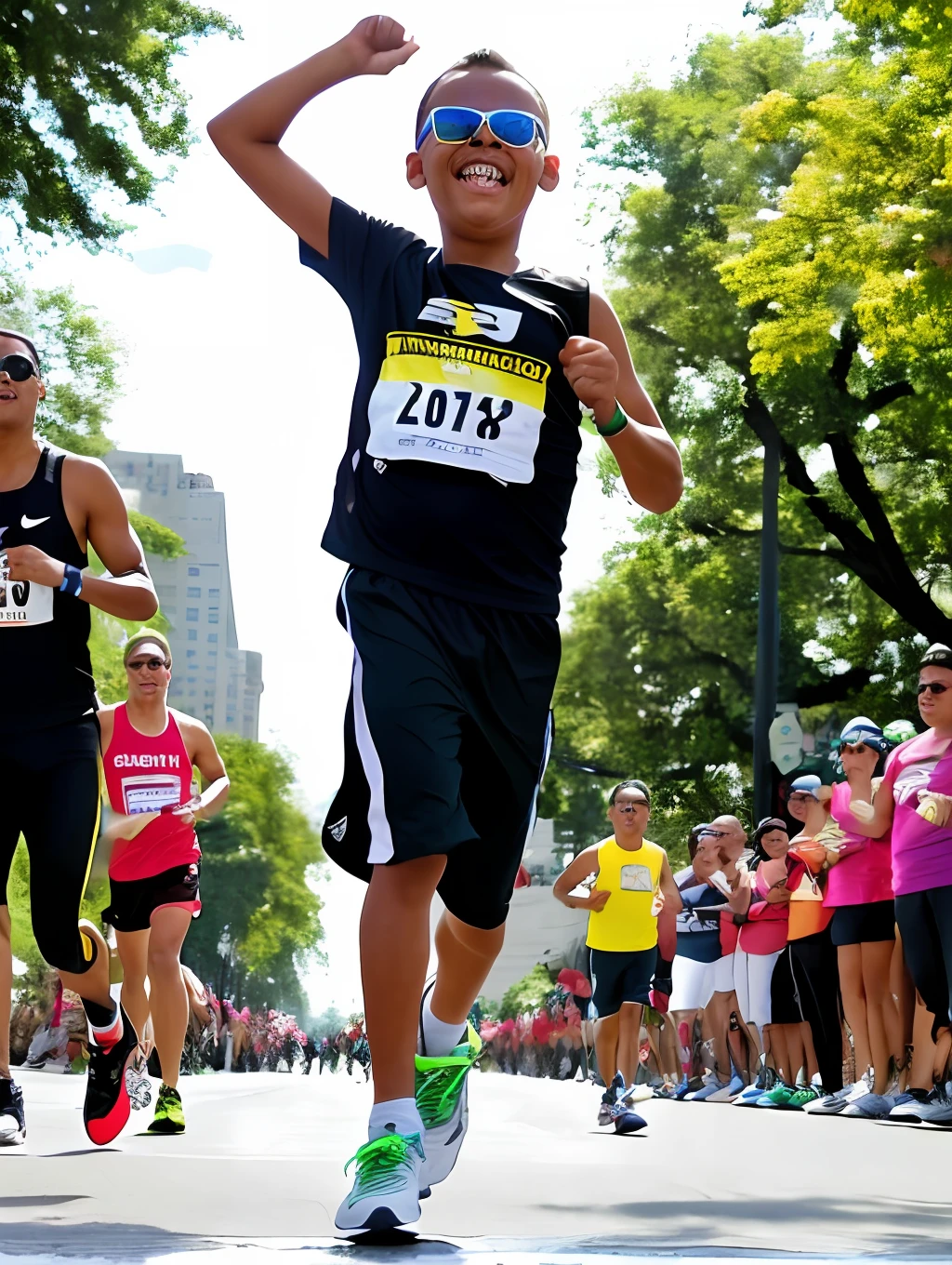 guttonerdvision4, a 3-year-old boy wearing dark sunglasses, hyper realistic, hyper detailed, wearing running clothes, ((in the center of the image)), running in a street race marathon with several fans on the sidewalk, arriving at the finish line, popping the finish tape, victorious with his arms up. The scene takes place on an avenue with buildings and trees surrounded by people on the sidewalk during the race. Ultra detailed and realistic scene. (((Focus on the kid, great depth of field))) to give more realism to the scene.