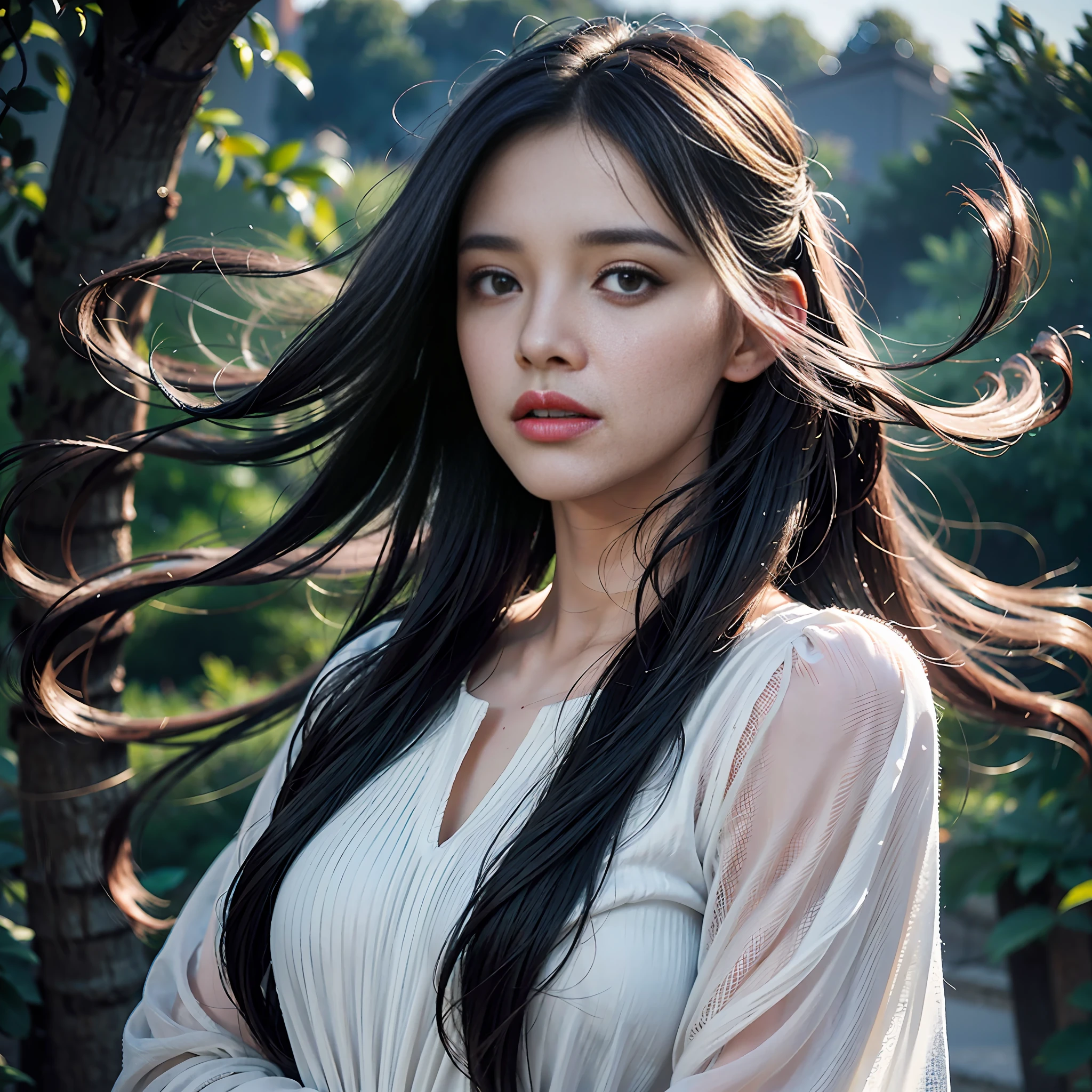 Beautiful singer, looking up to the heavens, singing loudly with outstretched hands, wearing a simple black long dress, singing to the sky, sadly, hyper-realistic detailed portrait, fantastic background, (singing as if praying, singing loudly with eyes closed, 38-year-old beauty), wind blowing from her front, beautiful long gray hair fluttering behind her, very strong wind, Beautiful 40-year-old beauty, highly detailed eyes, highly detailed gray hair, detailed symmetrical realistic face, highly detailed natural textures, avant-garde art, art by Wlop and Greg Rutkowski, Alphonse Mucha (by (wlop)), in frame, film post-processing, movie scenes, movie lighting, 16k, super realism, insanely detailed,