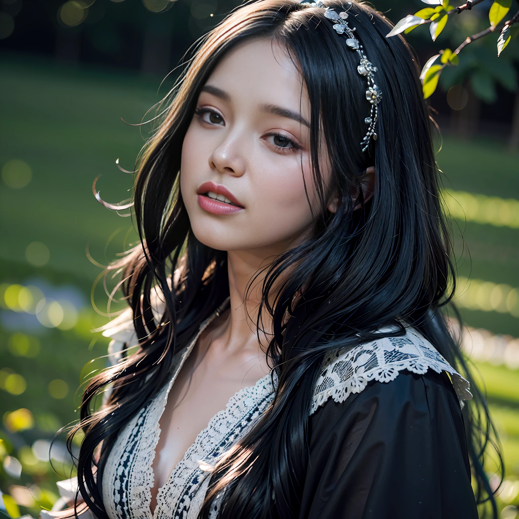 Beautiful singer, looking up to the heavens, singing loudly with outstretched hands, wearing a simple black long dress, singing to the sky, sadly, hyper-realistic detailed portrait, fantastic background, (singing as if praying, singing loudly with eyes closed, 38-year-old beauty), wind blowing from her front, beautiful long gray hair fluttering behind her, very strong wind, Beautiful 40-year-old beauty, highly detailed eyes, highly detailed gray hair, detailed symmetrical realistic face, highly detailed natural textures, avant-garde art, art by Wlop and Greg Rutkowski, Alphonse Mucha (by (wlop)), in frame, film post-processing, movie scenes, movie lighting, 16k, super realism, insanely detailed,