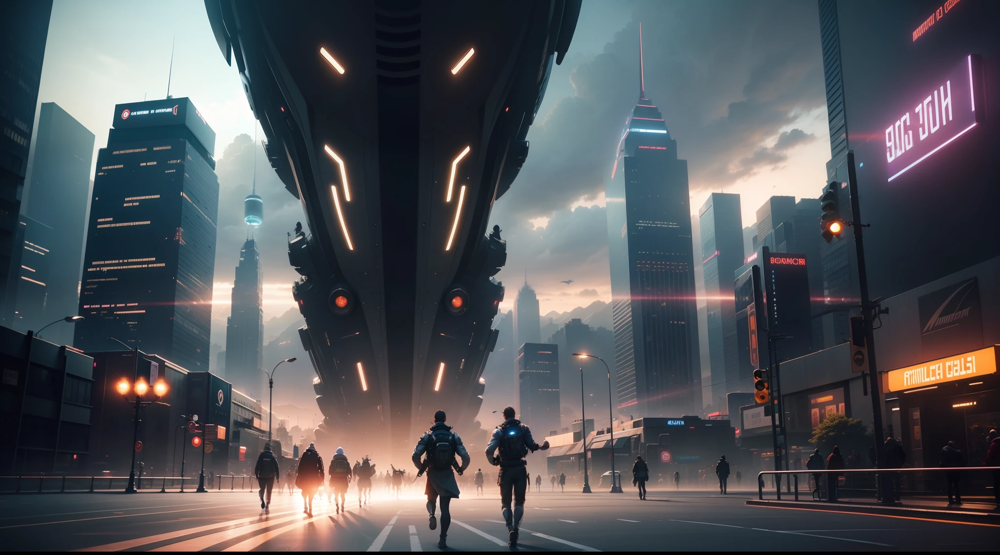 in beautiful futuristic cityscape, people smiling and playing, vibrant, photorealistic, realistic, dramatic, cinematic lighting, sharp focus, 8k