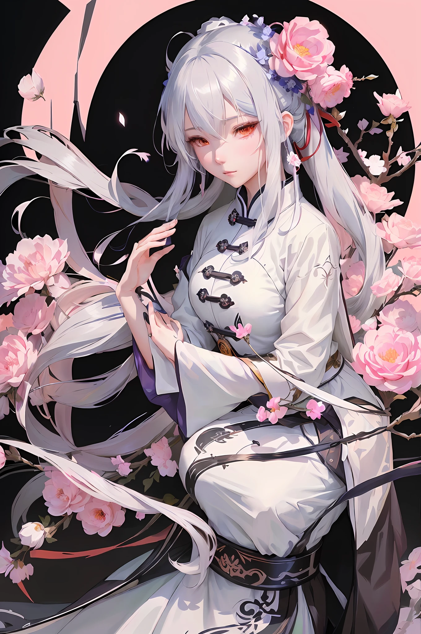 anime girl with long white hair and a white dress with flowers, white haired deity, onmyoji detailed art, guweiz on pixiv artstation, guweiz, palace , a girl in hanfu, onmyoji portrait, beautiful anime artwork, best anime 4k konachan wallpaper, anime cover, official artwork