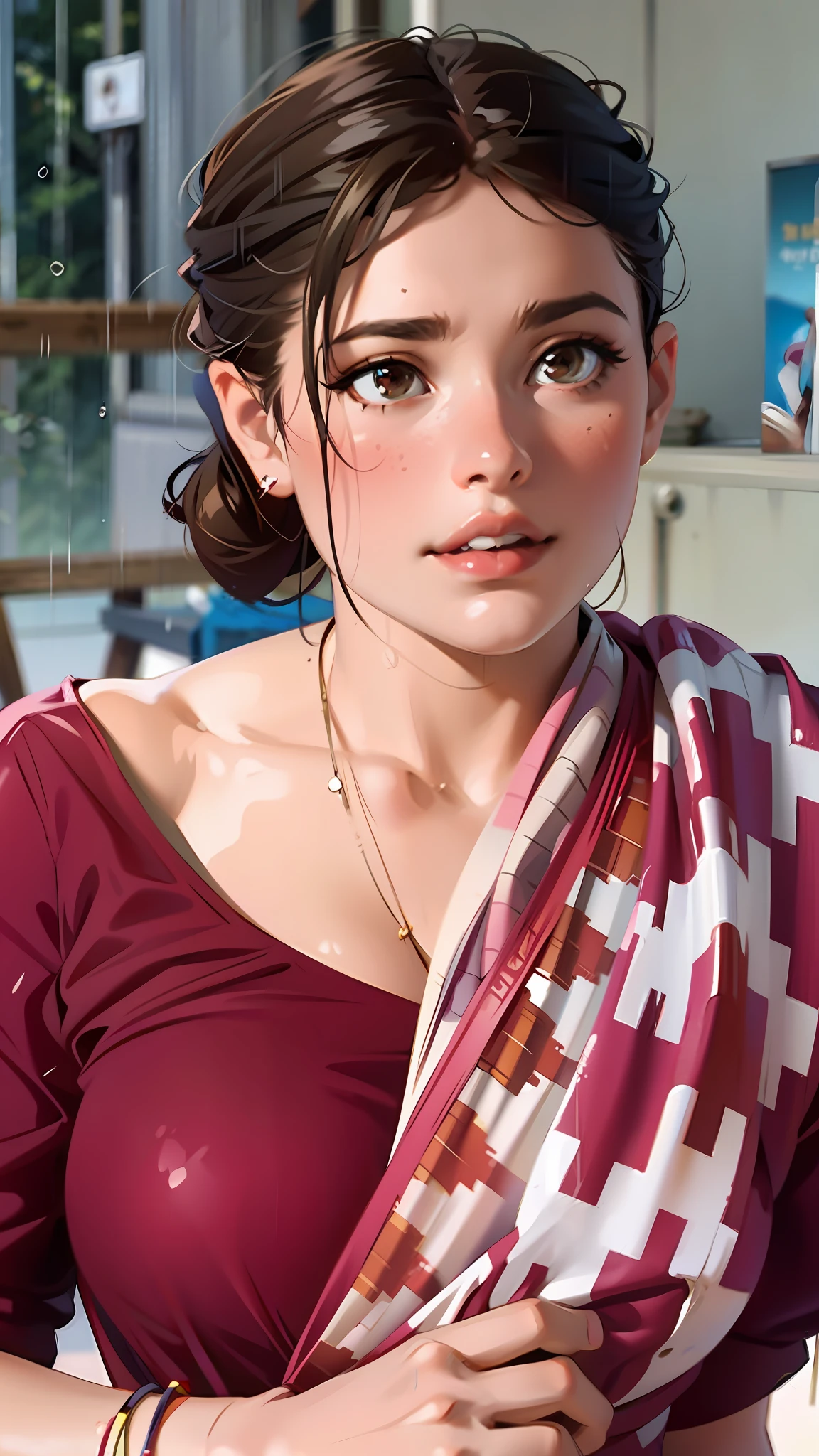 a hyper-realistic portrait of a young woman, half asleep, under a tree, inside a forest, lots of rain, in the middle of nature, 22 years old, realistic, (lying on her side), she is wearing a red panties, (wearing minimal dress), sexy, (huge breasts 2:1), wet clothing, short brown hair, (hair tied with bows), curved, SFW